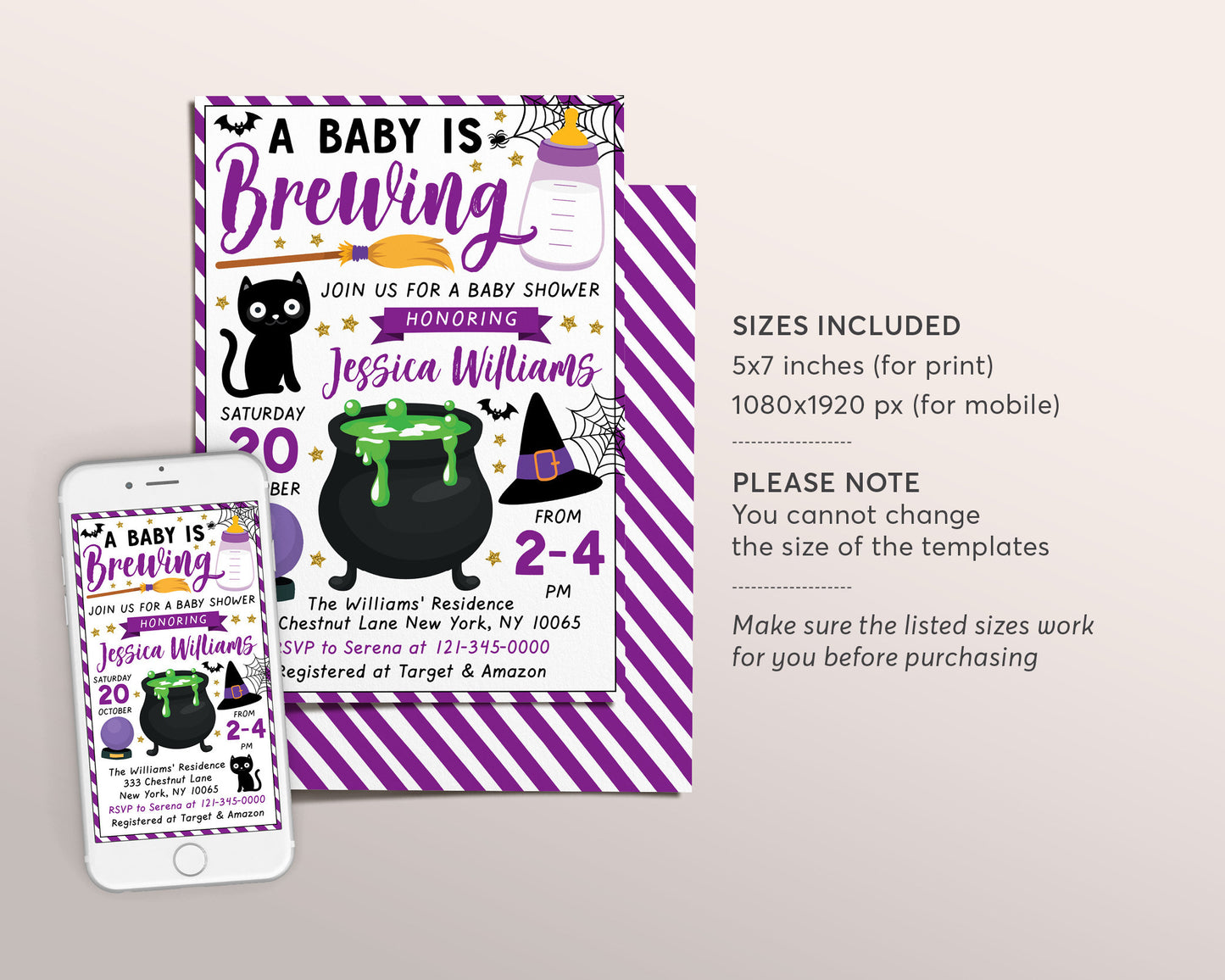 A Baby is Brewing Baby Shower Invitation Editable Template, Purple Witch Themed Gender Neutral Girl Halloween Baby Sprinkle Invite Evite DIY