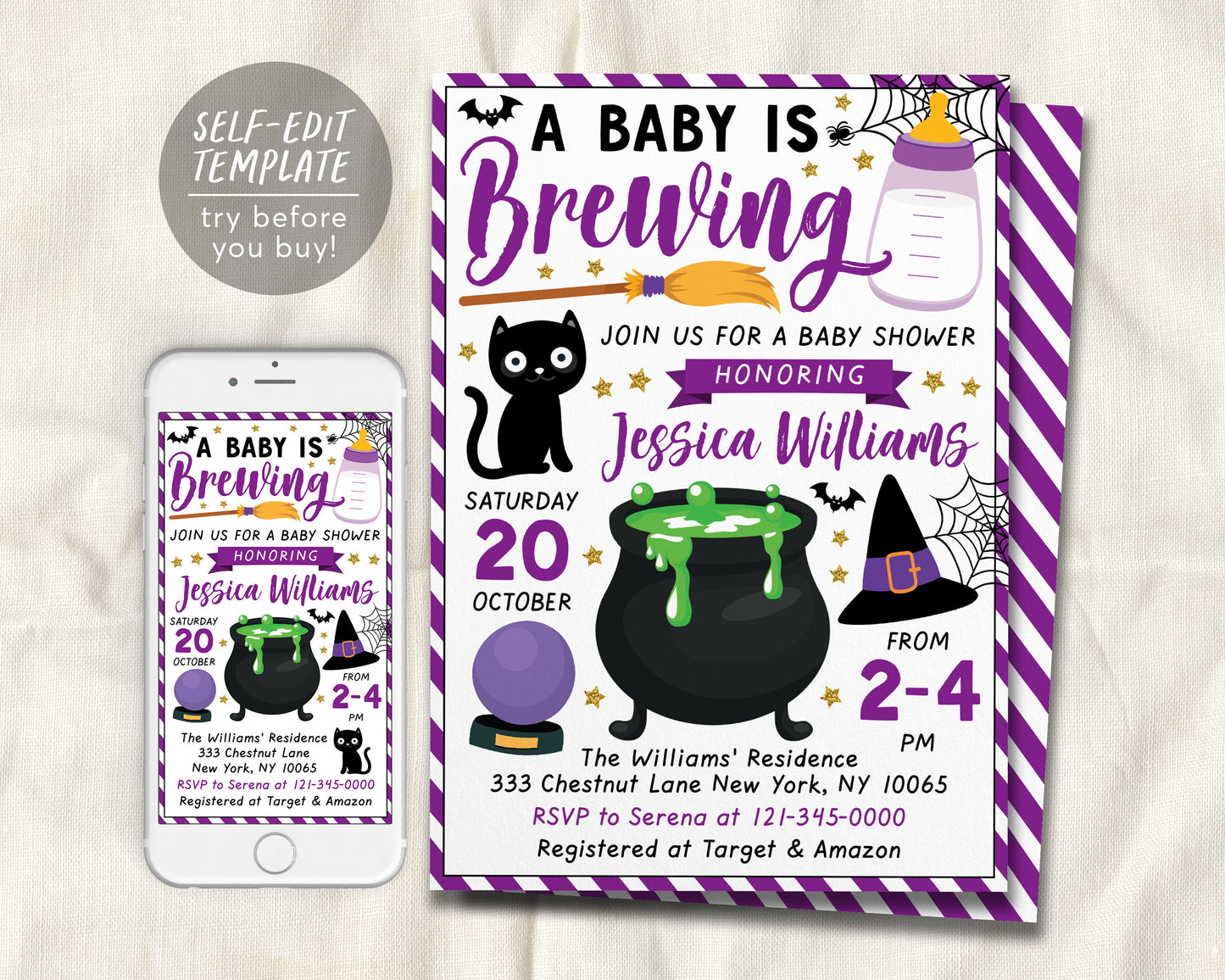 A Baby is Brewing Baby Shower Invitation Editable Template, Purple Witch Themed Gender Neutral Girl Halloween Baby Sprinkle Invite Evite DIY