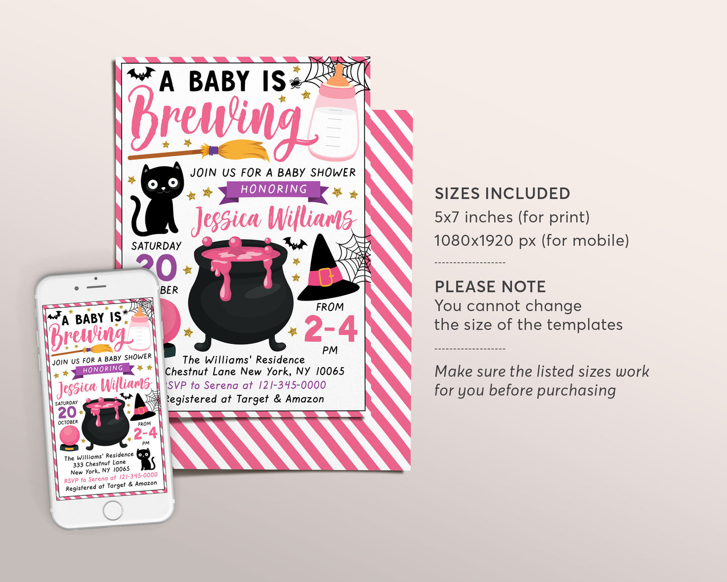A Baby is Brewing Baby Shower Invitation Editable Template, Pink Witch Themed Girl Halloween Baby Sprinkle Invite Evite DIY, A Little Boo