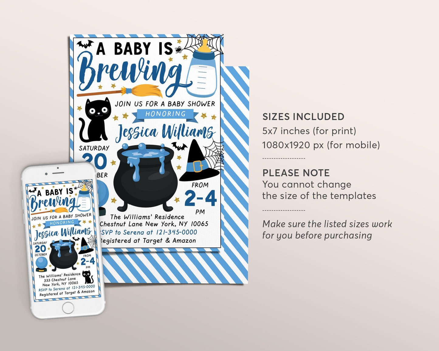 A Baby is Brewing Baby Shower Invitation Editable Template, Blue Witch Themed Boy Halloween Baby Sprinkle Invite Evite DIY, A Little Boo