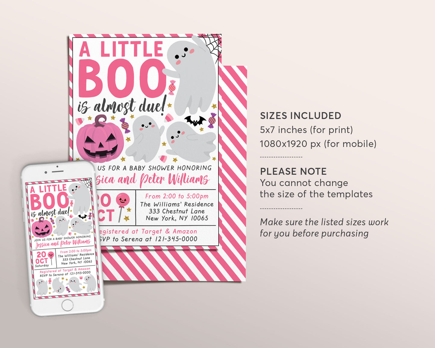 A Little Boo is Almost Due Baby Shower Invitation Editable Template, Pink Halloween Ghost Themed Invite, Girl Spooky Fall Baby Sprinkle