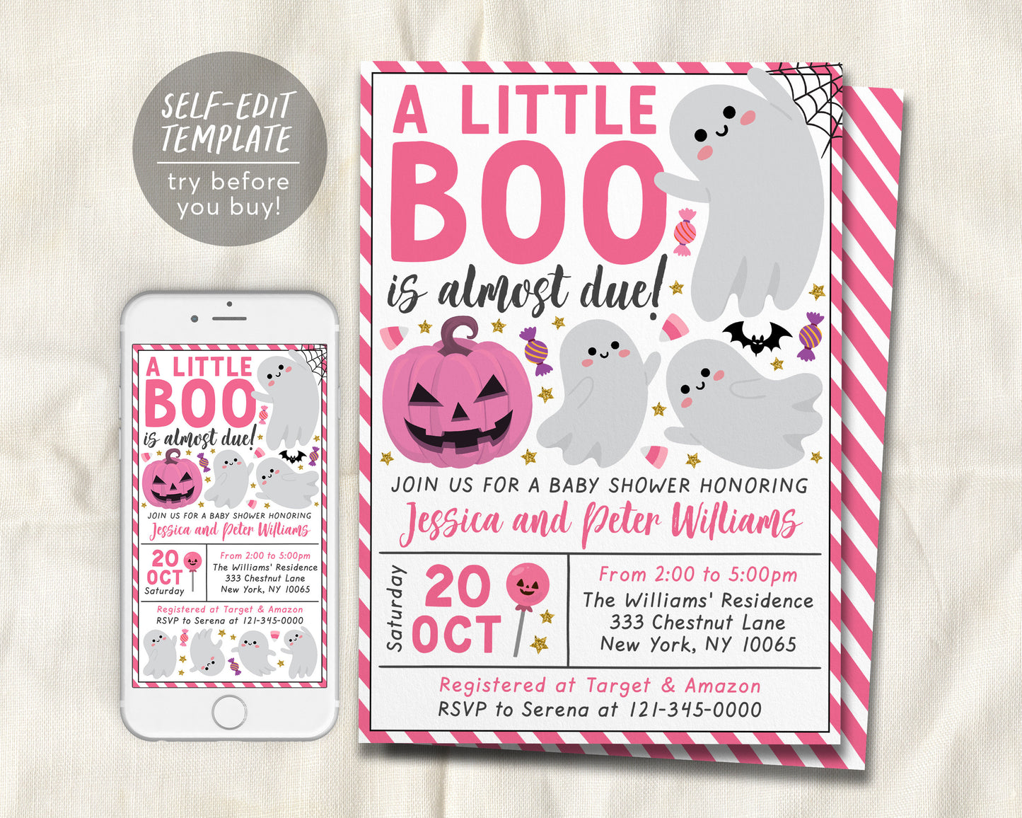 A Little Boo is Almost Due Baby Shower Invitation Editable Template, Pink Halloween Ghost Themed Invite, Girl Spooky Fall Baby Sprinkle