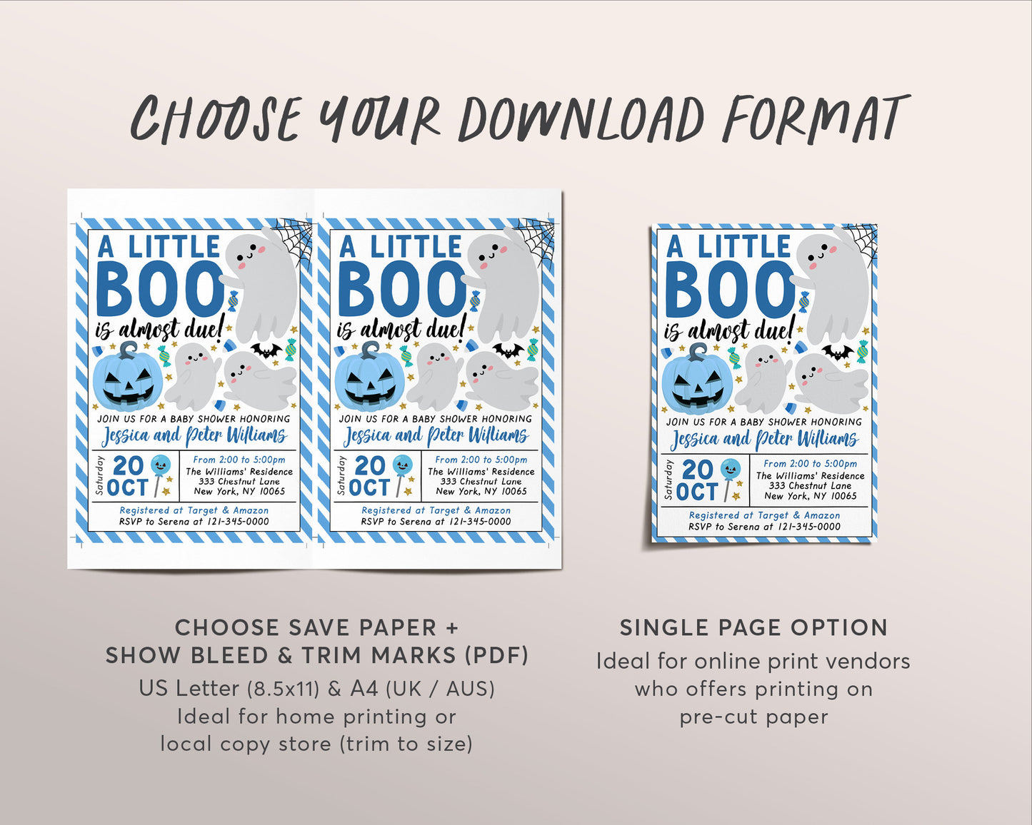 A Little Boo is Almost Due Baby Shower Invitation Editable Template, Blue Boy Halloween Ghost Themed Invite, Girl Spooky Fall Baby Sprinkle