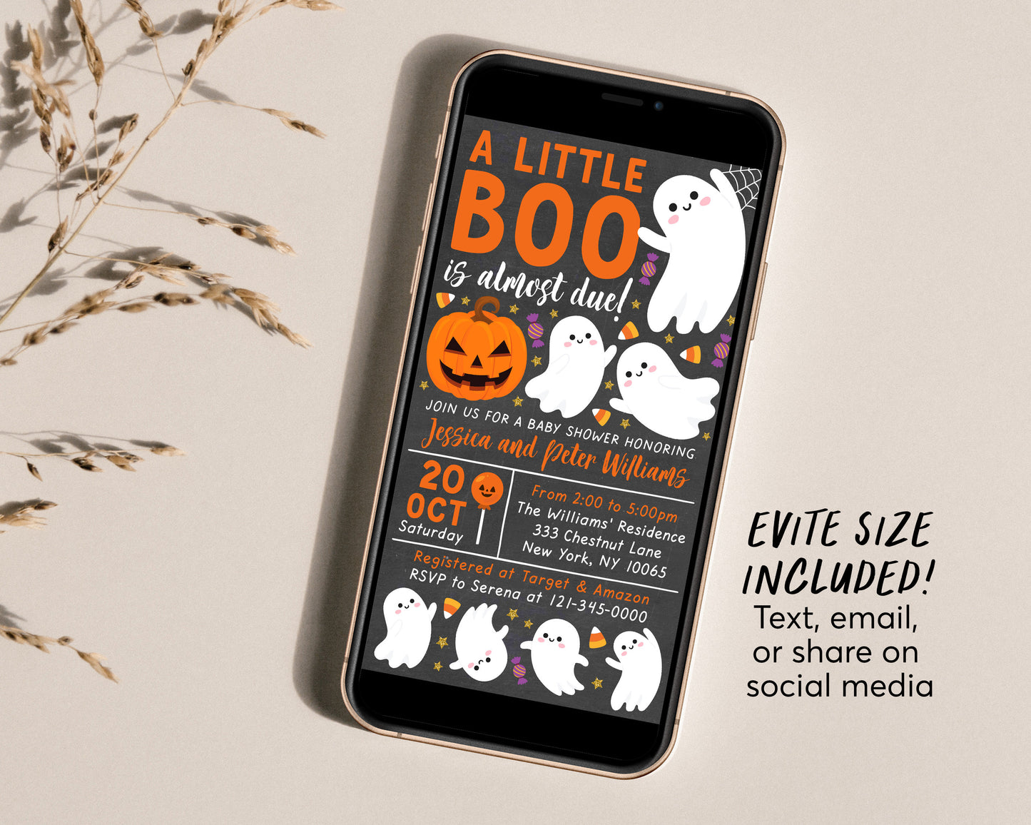 A Little Boo is Almost Due Baby Shower Invitation Editable Template, Chalkboard Gender Neutral Halloween Themed Invite, Fall Baby Sprinkle