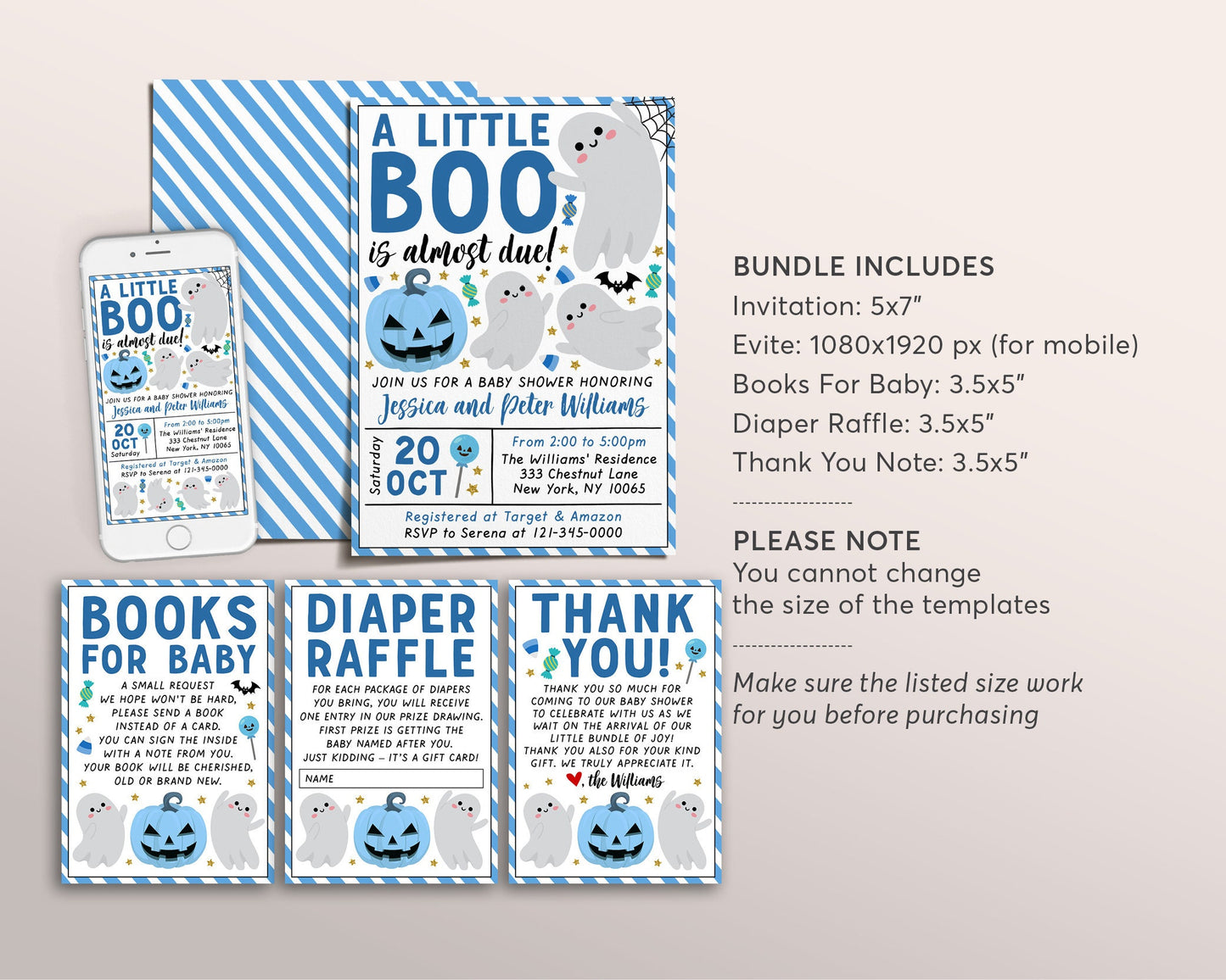 A Little Boo is Almost Due Baby Shower Invitation BUNDLE Suite Editable Template, Boy Halloween Invite Book Request Diaper Raffle Thank You