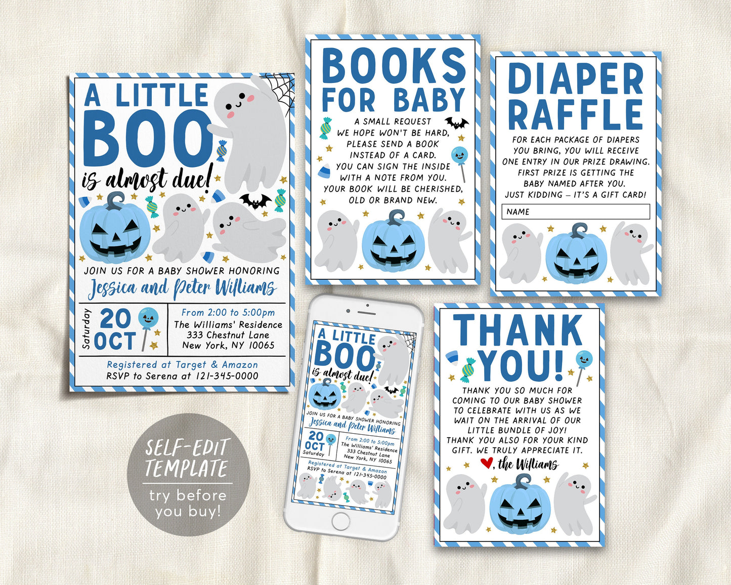 A Little Boo is Almost Due Baby Shower Invitation BUNDLE Suite Editable Template, Boy Halloween Invite Book Request Diaper Raffle Thank You