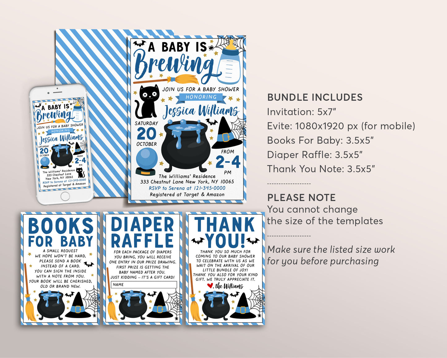 A Baby is Brewing Baby Shower Invitation Boy BUNDLE Suite Editable Template, Witch Halloween Invite Book Request Diaper Raffle Thank You
