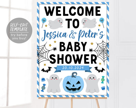 Halloween Baby Shower Welcome Sign Editable Template, Boy A Little Boo is Almost Due, Ghost Spooky Theme Baby Sprinkle Party Poster Decor