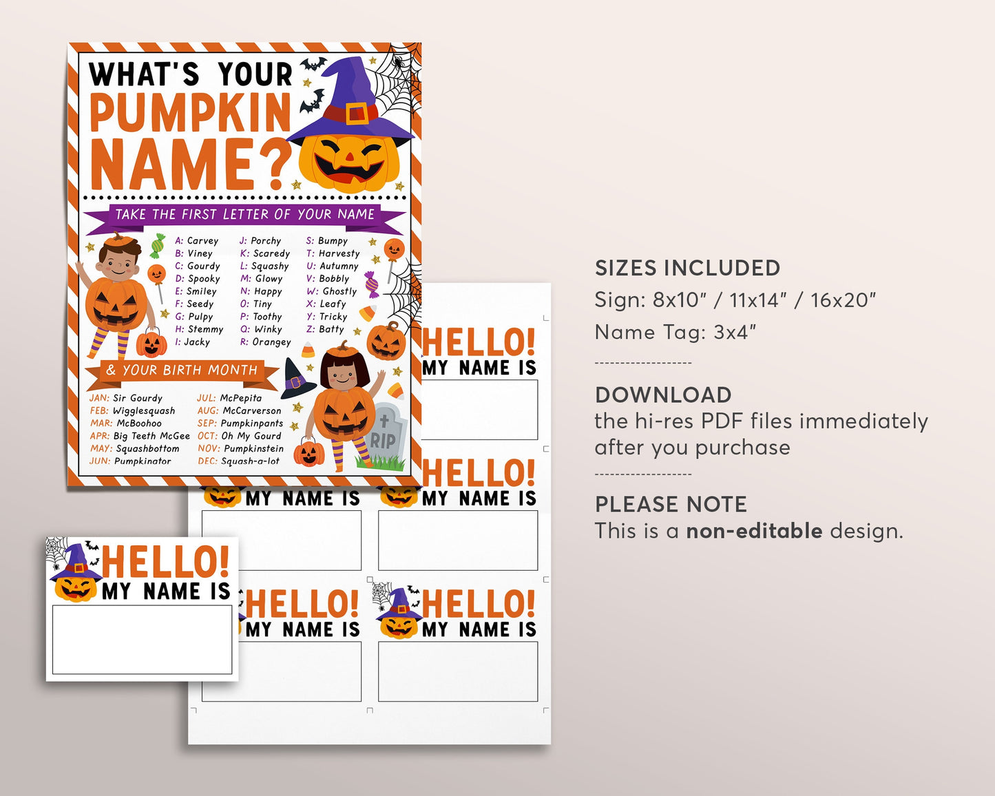 What's Your Pumpkin Name Game, Pumpkin Carving Party Activity With Name Tags And Sign, Halloween Fall Autumn Fun Family Games Printable DIY