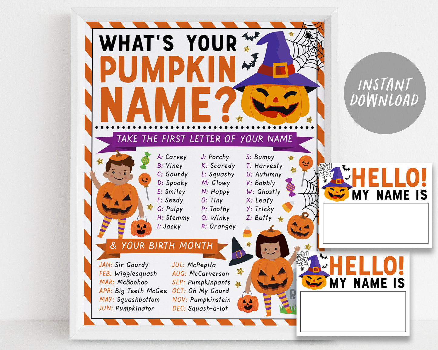 What's Your Pumpkin Name Game, Pumpkin Carving Party Activity With Name Tags And Sign, Halloween Fall Autumn Fun Family Games Printable DIY