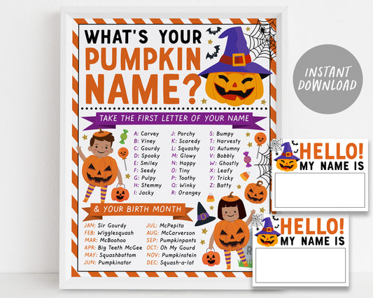 What's Your Pumpkin Name Game, Pumpkin Carving Party Activity With Name Tags And Sign, Halloween Fall Autumn Fun Family Games Printable DIY