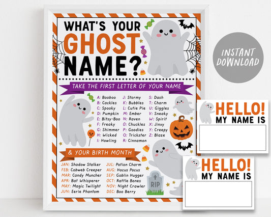 What's Your Ghost Name Game, Spooktacular Halloween Decor, Pumpkin Carving Party Activity With Name Tags And Sign, Spooky Fall Autumn Family