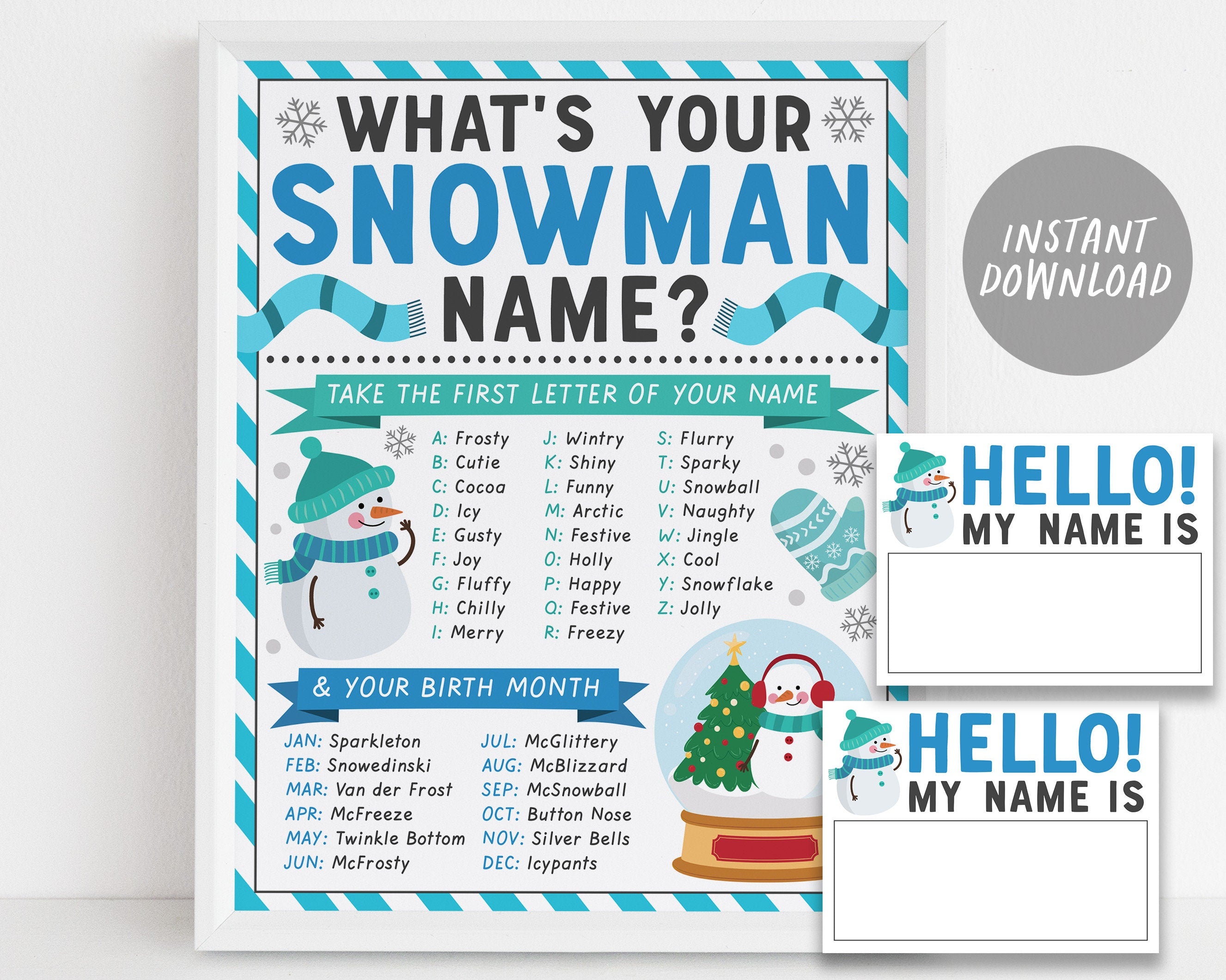 what's your snowman name game, winter christmas party activity game with name tags and sign printable, holiday activity kids classroom decor