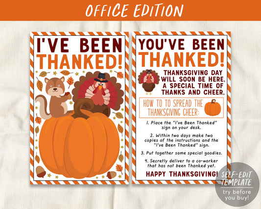 I've Been Thanked Coworker Game Editable Template, You've Been Thanked, Thanksgiving Thank'd Office Party Game, Activity Sign Instructions