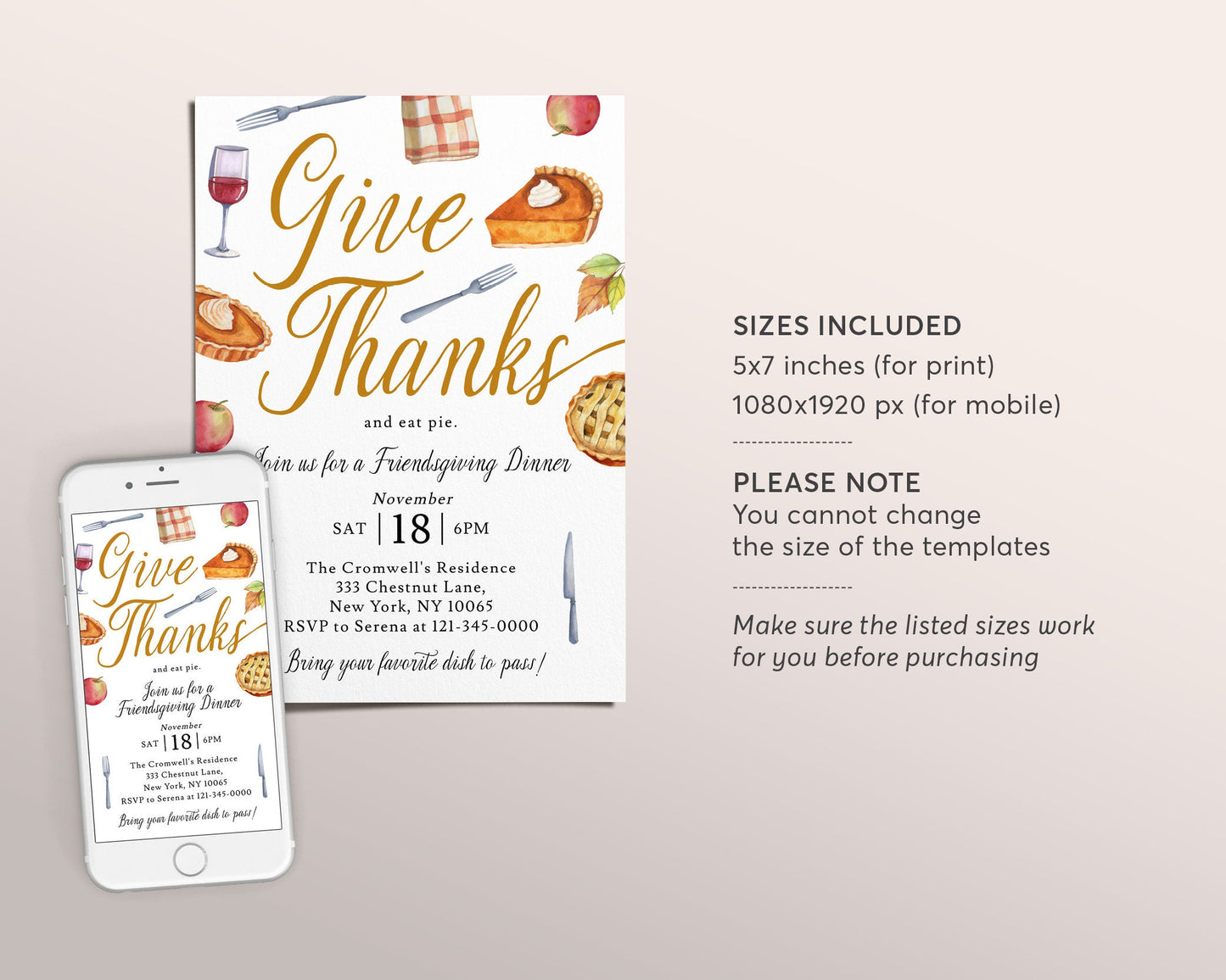 Friendsgiving Give Thanks And Eat Pie Invitation Editable Template, Funny Thanksgiving Potluck Dinner Party Invite Holiday Pumpkin Apple Pie