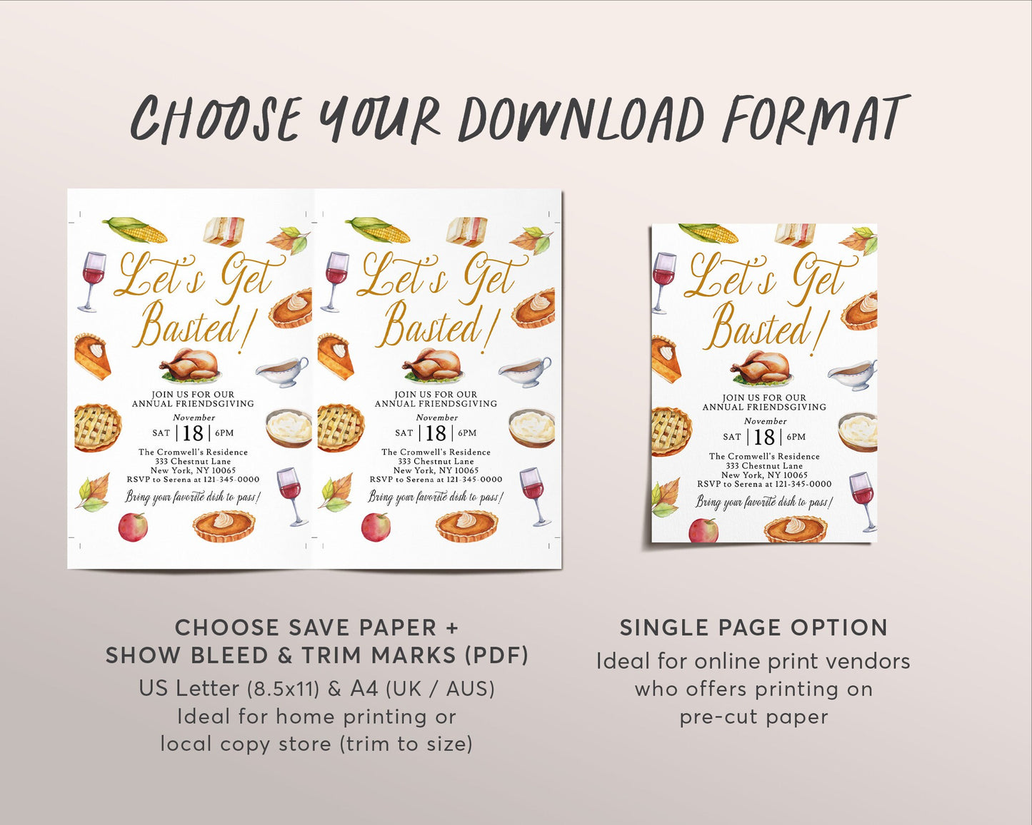 Let's get Basted Thanksgiving Invitation Editable Template, Funny Friendsgiving Dinner Party Potluck Feast Invite, Evite Fall Turkey Pie