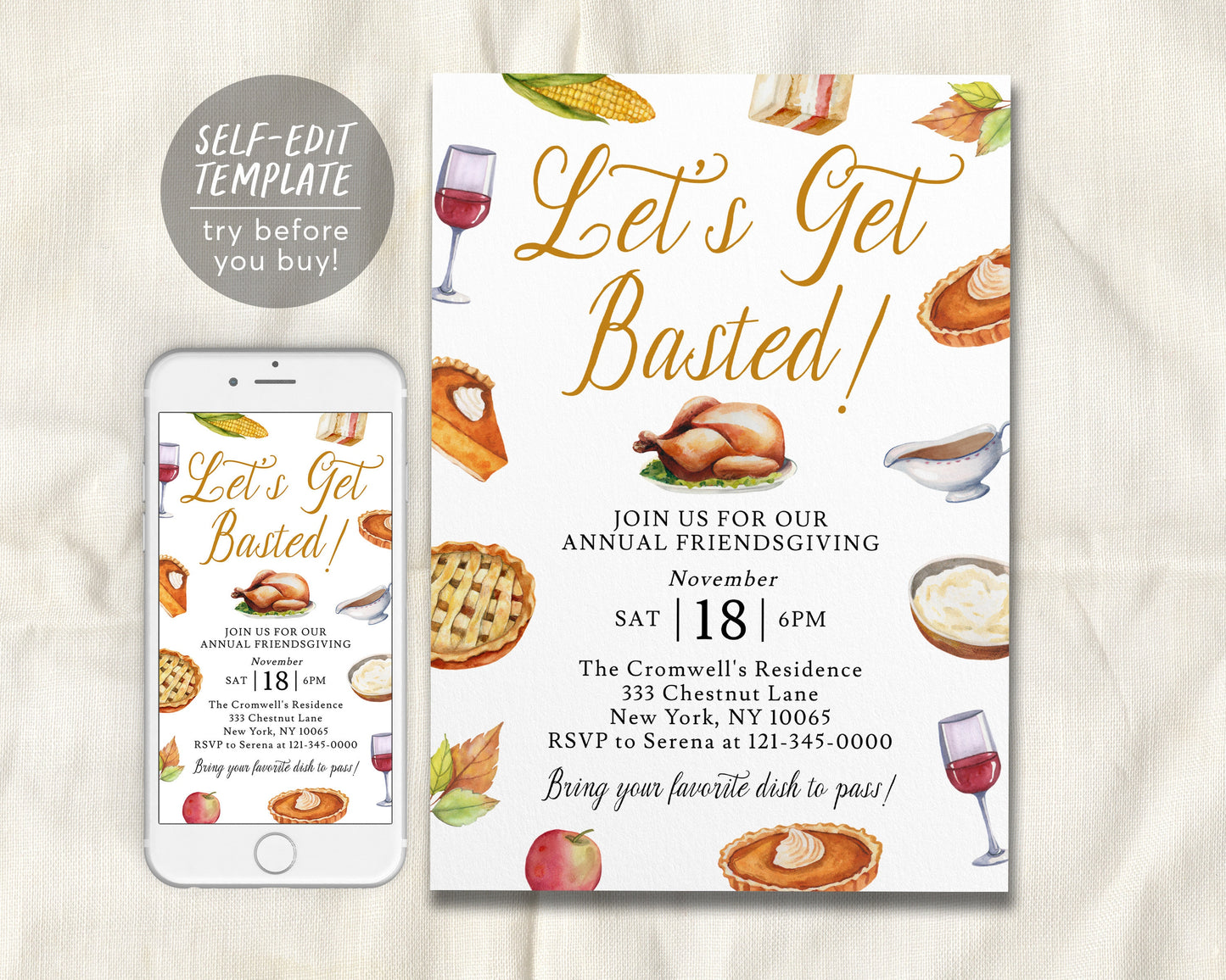 Let's get Basted Thanksgiving Invitation Editable Template, Funny Friendsgiving Dinner Party Potluck Feast Invite, Evite Fall Turkey Pie