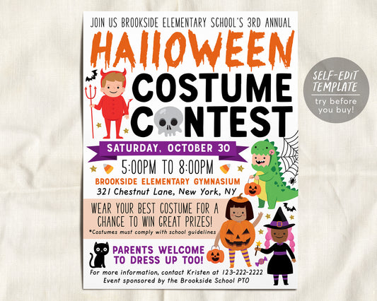 Halloween Costume Contest Flyer Editable Template, Halloween Block Party Flyer, Spooktacular Kids Community Church School Event PTO PTA