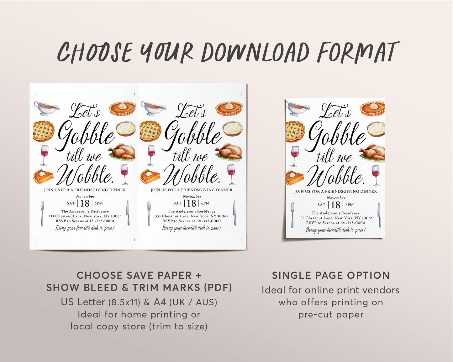 Gobble Till We Wobble Friendsgiving Invitation Editable Template, Funny Thanksgiving Potluck Dinner Party Invite, Holiday Feast Pumpkin Pie