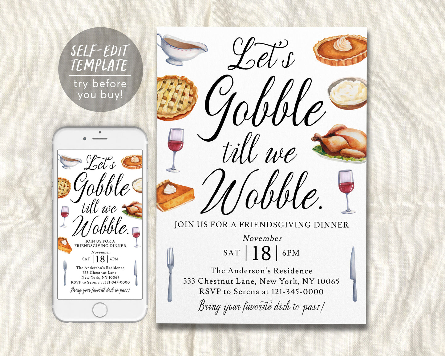 Gobble Till We Wobble Friendsgiving Invitation Editable Template, Funny Thanksgiving Potluck Dinner Party Invite, Holiday Feast Pumpkin Pie