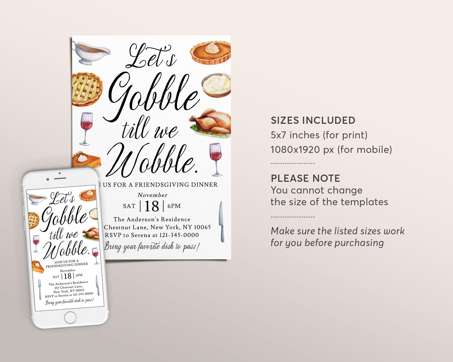 Gobble Till We Wobble Friendsgiving Invitation Editable Template, Funny Thanksgiving Potluck Dinner Party Invite, Holiday Feast Pumpkin Pie