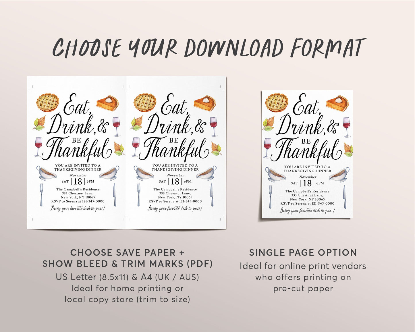 Eat Drink And Be Thankful Thanksgiving Party Editable Template, Funny Friendsgiving Dinner Party Invite, Holiday Potluck Feast Pumpkin Pie