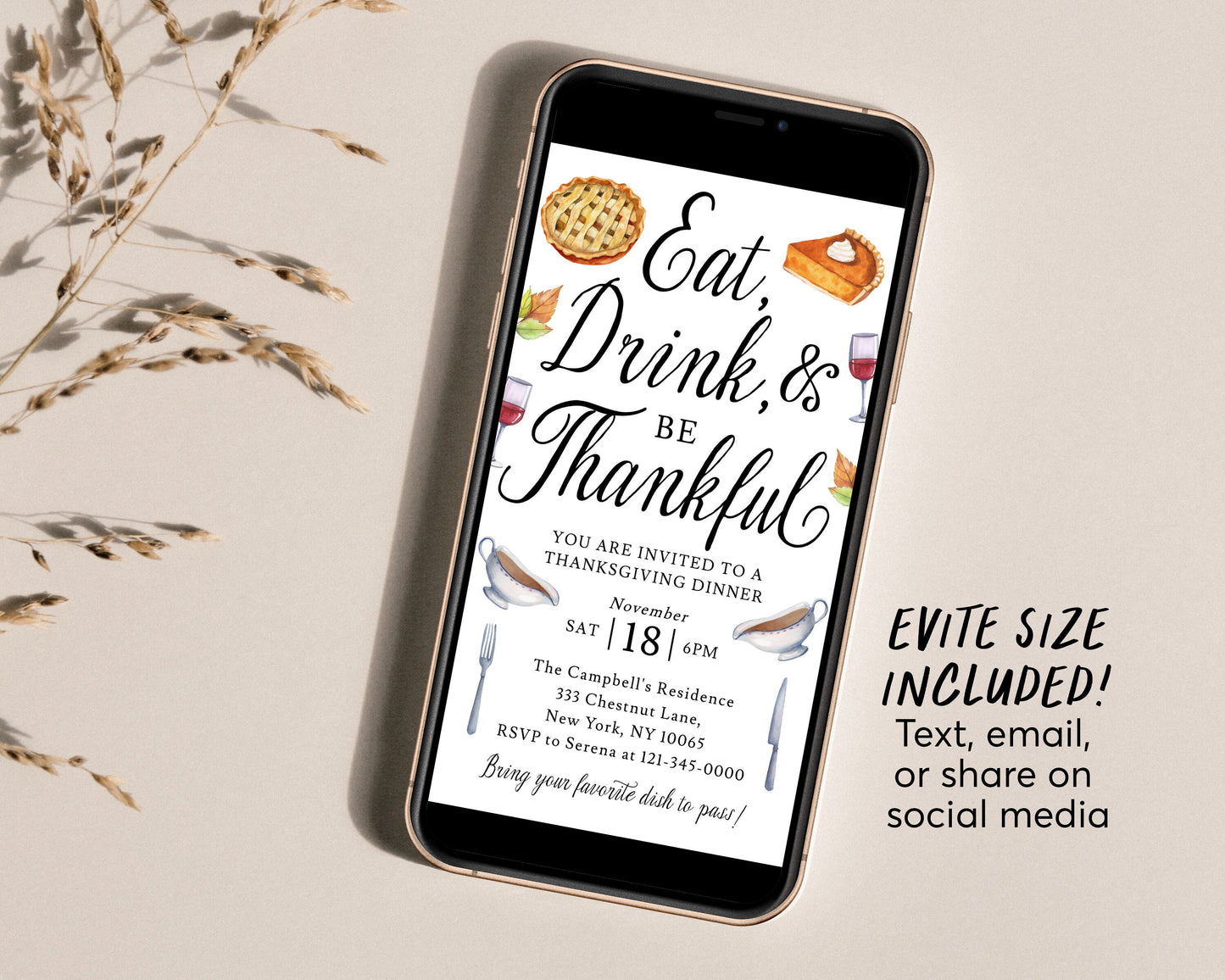 Eat Drink And Be Thankful Thanksgiving Party Editable Template, Funny Friendsgiving Dinner Party Invite, Holiday Potluck Feast Pumpkin Pie