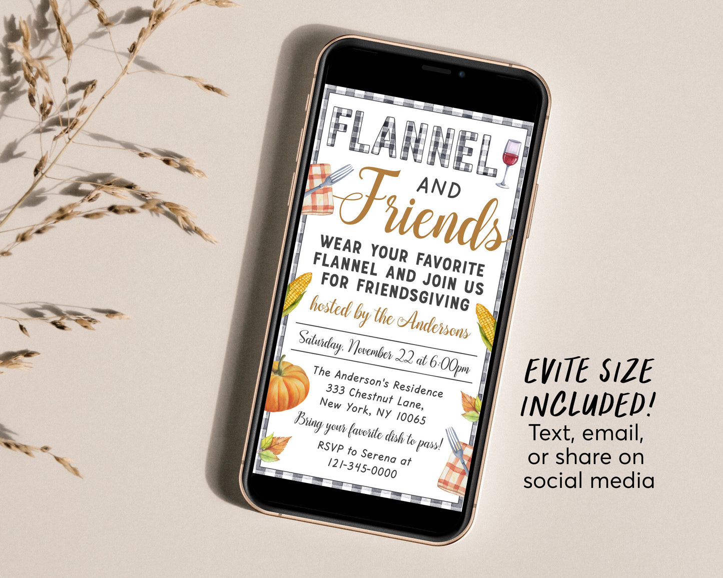 Flannel and Friends Friendsgiving Invitation Editable Template, Casual Fun Thanksgiving Dinner Party Potluck Holiday Feast Invite Evite
