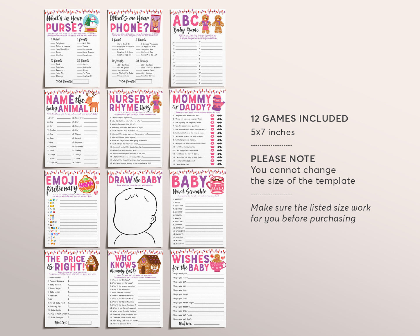 Gingerbread Cookie Baby Shower Games Package Bundle Editable Template, Christmas Winter Pink Baby Sprinkle, Little Cookie Holiday Oh Snap