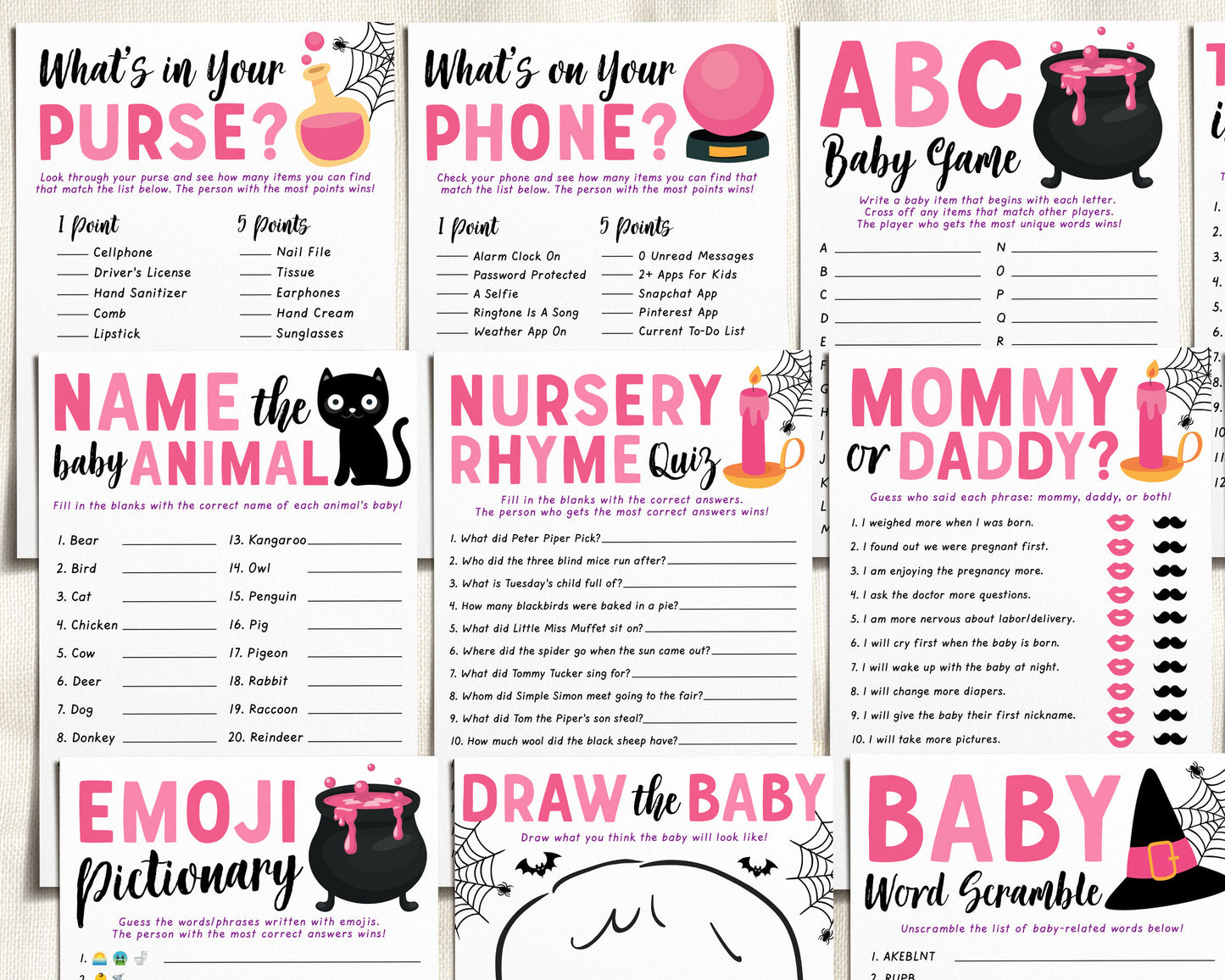 A Baby is Brewing Halloween Baby Shower Games Package Bundle Editable Template, Pink Witch Baby Sprinkle, Girl 12 Shower Games Printable DIY