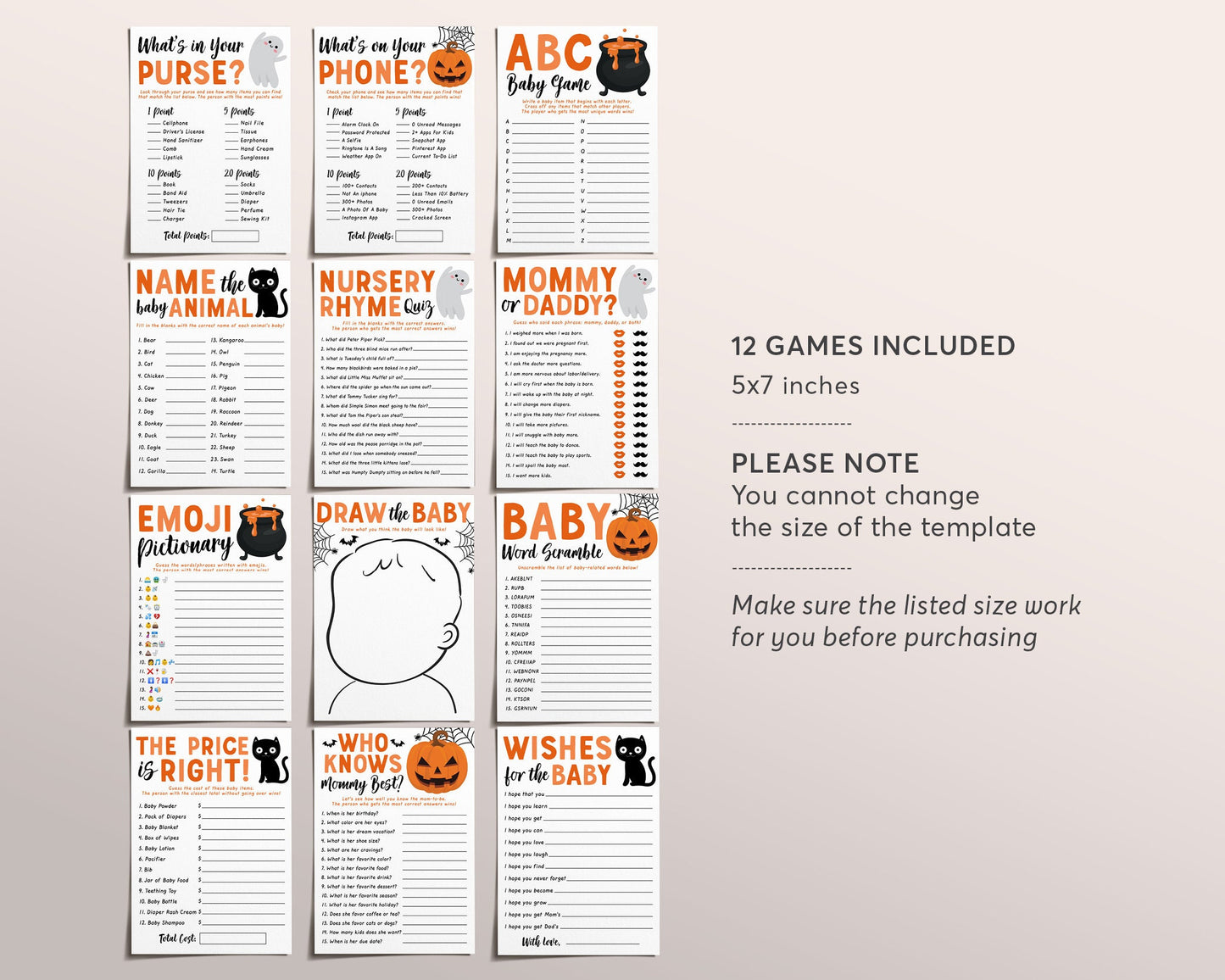 Halloween Baby Shower Games Package Bundle Editable Template, A Little Boo Baby Sprinkle, Spooky Pumpkin Ghost Gender Neutral Printable DIY