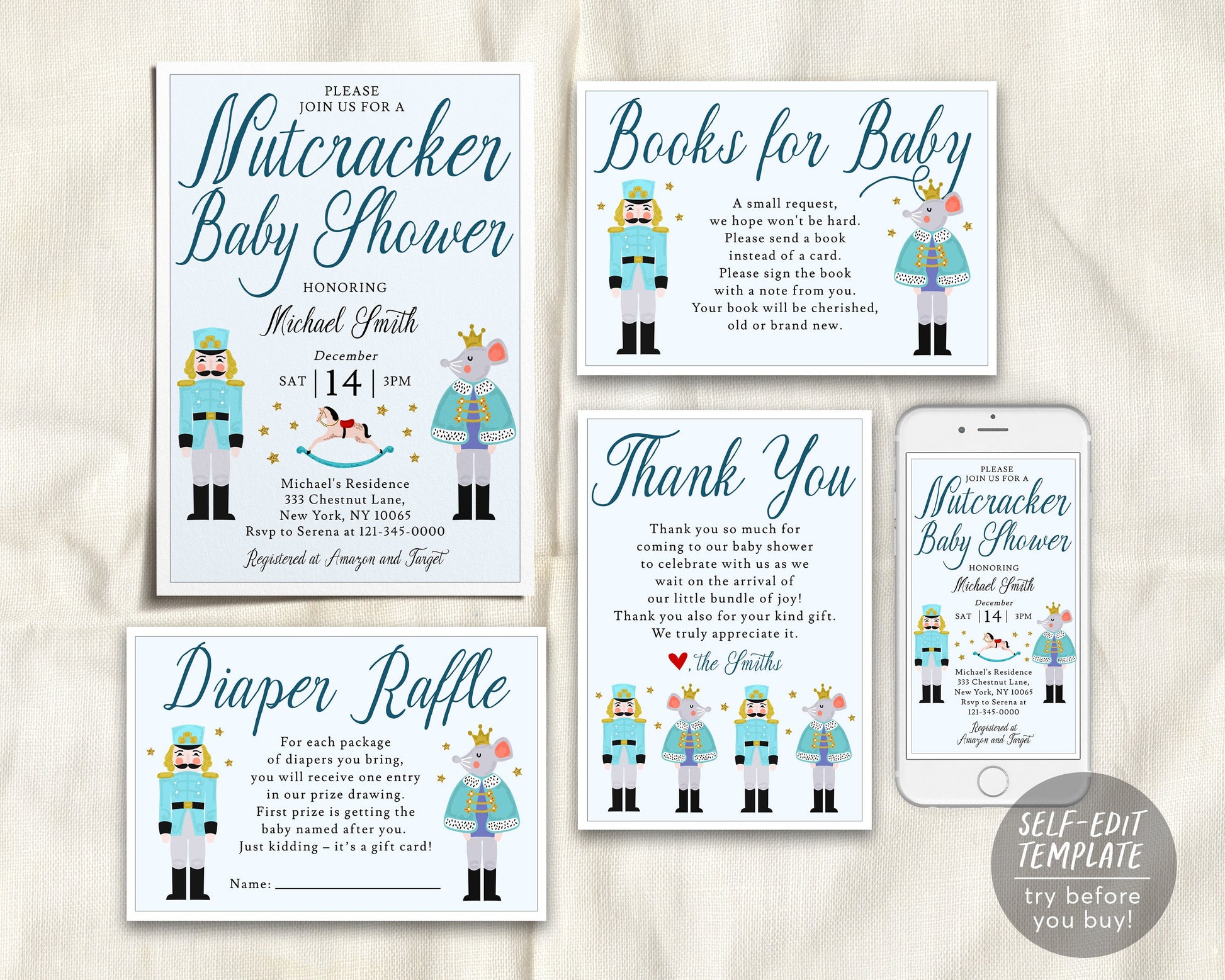Nutcracker Baby Shower BUNDLE Invitation Suite Set Editable Template