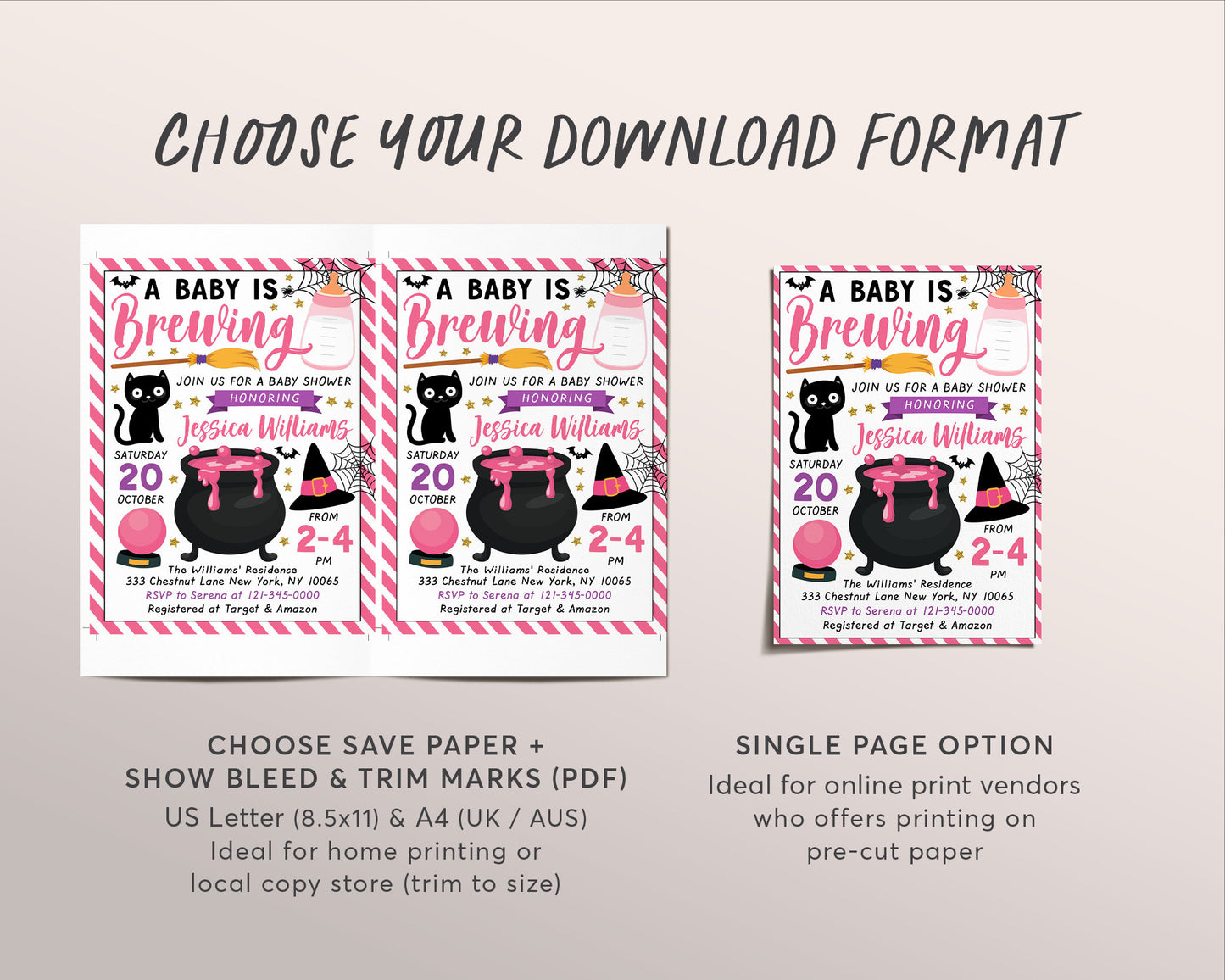 A Baby is Brewing Baby Shower Invitation Editable Template, Pink Witch Themed Girl Halloween Baby Sprinkle Invite Evite DIY, A Little Boo