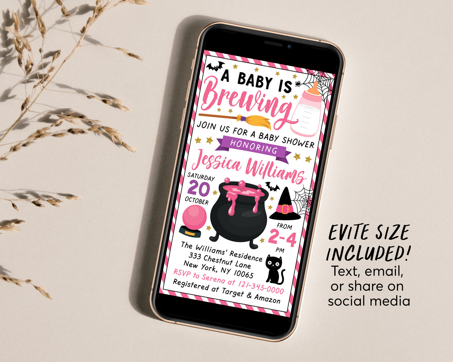 A Baby is Brewing Baby Shower Invitation Editable Template, Pink Witch Themed Girl Halloween Baby Sprinkle Invite Evite DIY, A Little Boo