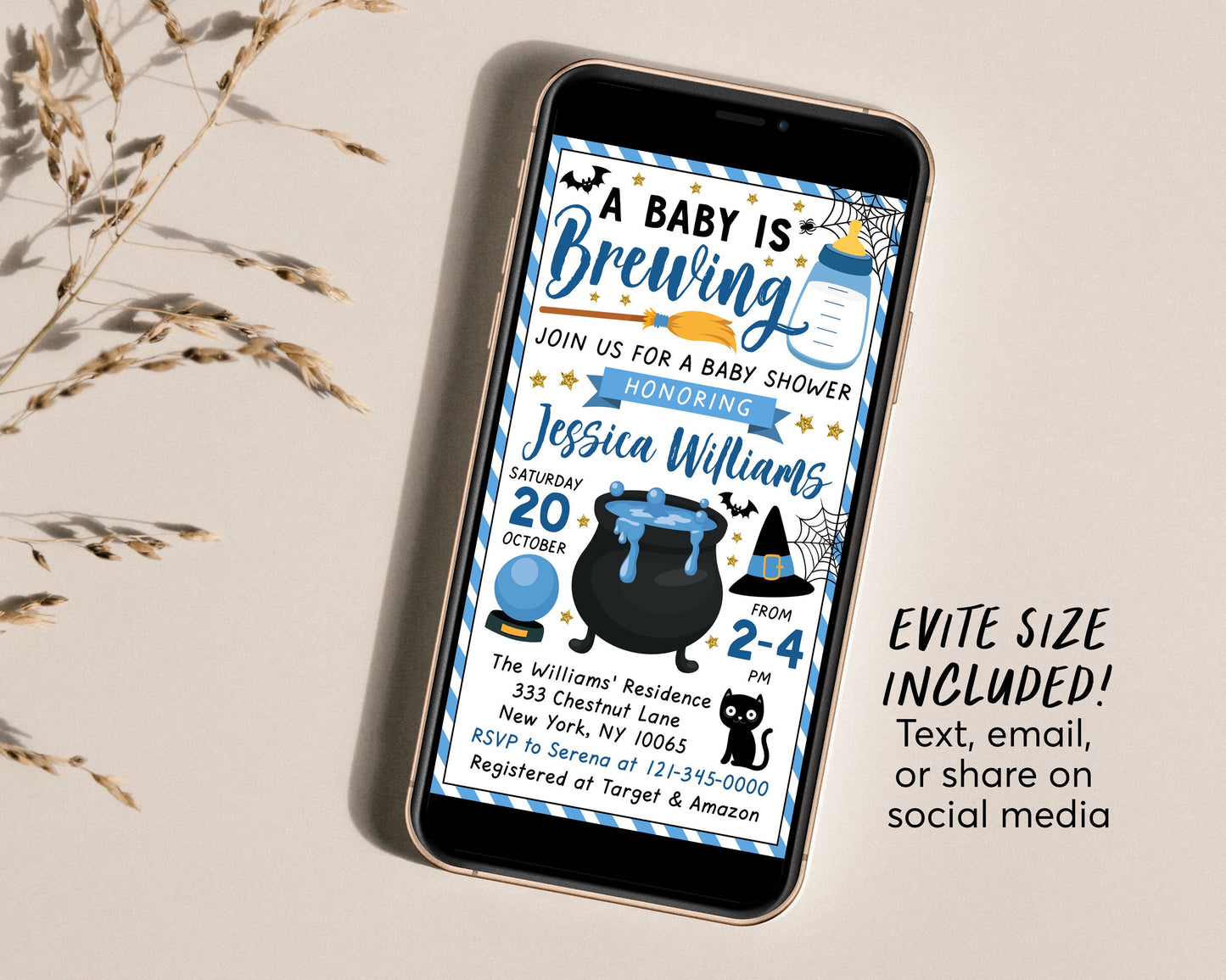 A Baby is Brewing Baby Shower Invitation Editable Template, Blue Witch Themed Boy Halloween Baby Sprinkle Invite Evite DIY, A Little Boo