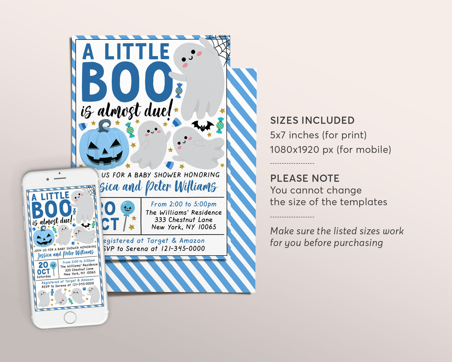A Little Boo is Almost Due Baby Shower Invitation Editable Template, Blue Boy Halloween Ghost Themed Invite, Girl Spooky Fall Baby Sprinkle