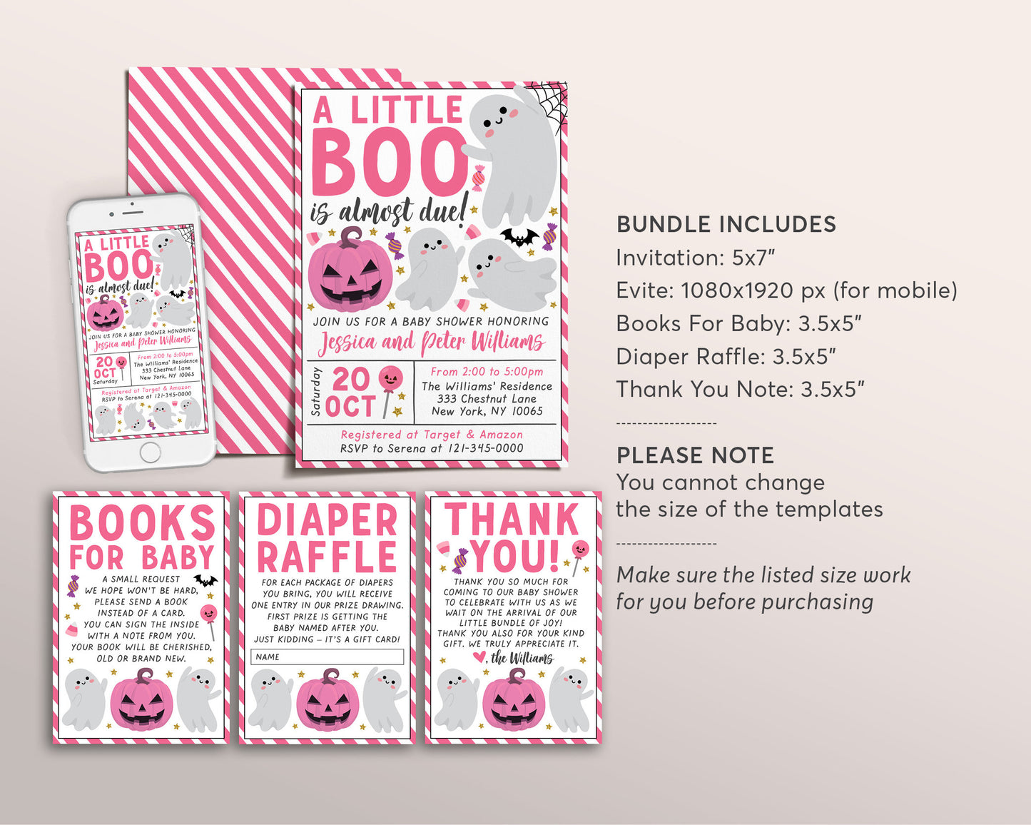 A Little Boo is Almost Due Baby Shower Invitation BUNDLE Suite Editable Template, Girl Halloween Invite Book Request Diaper Raffle Thank You