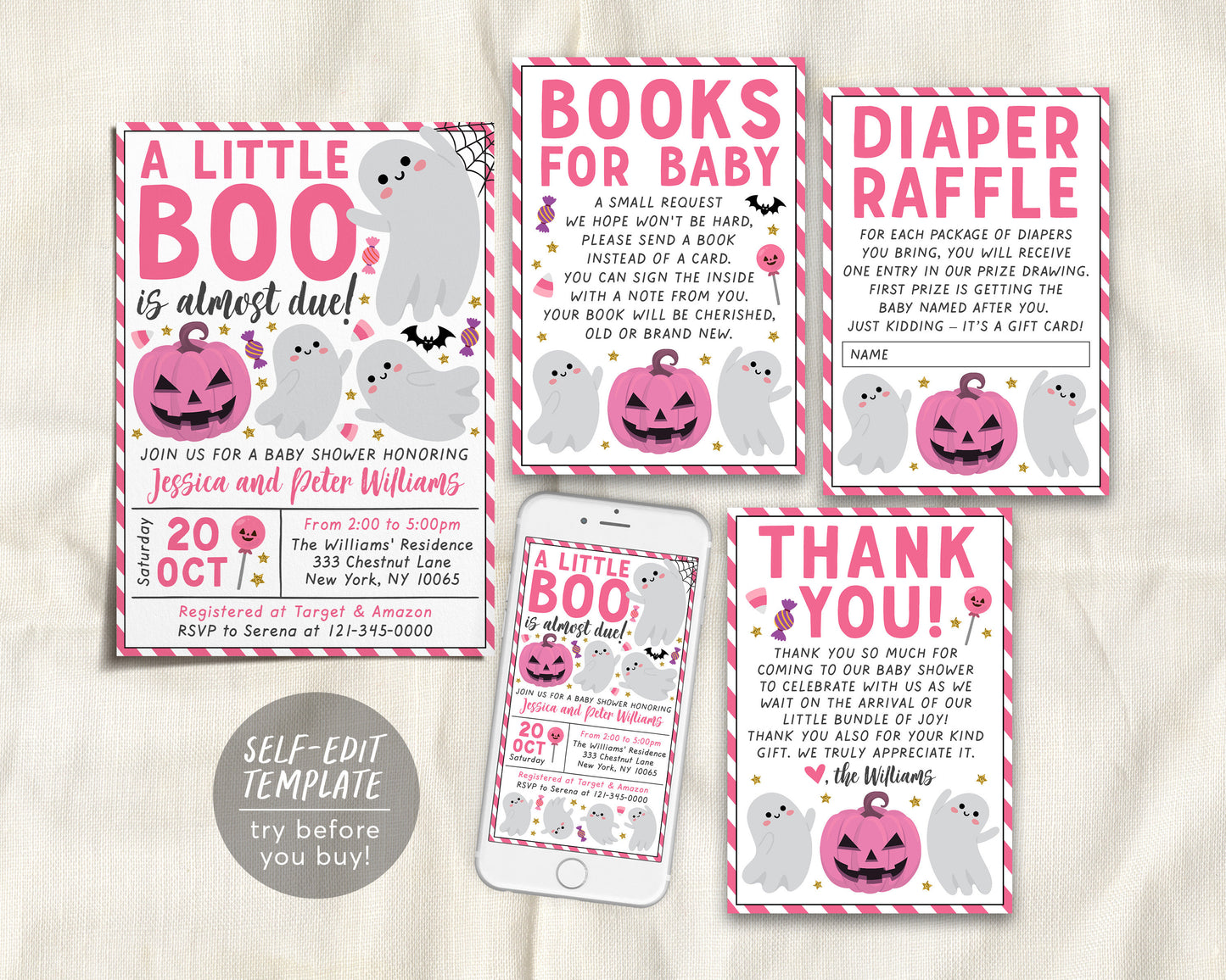 A Little Boo is Almost Due Baby Shower Invitation BUNDLE Suite Editable Template, Girl Halloween Invite Book Request Diaper Raffle Thank You