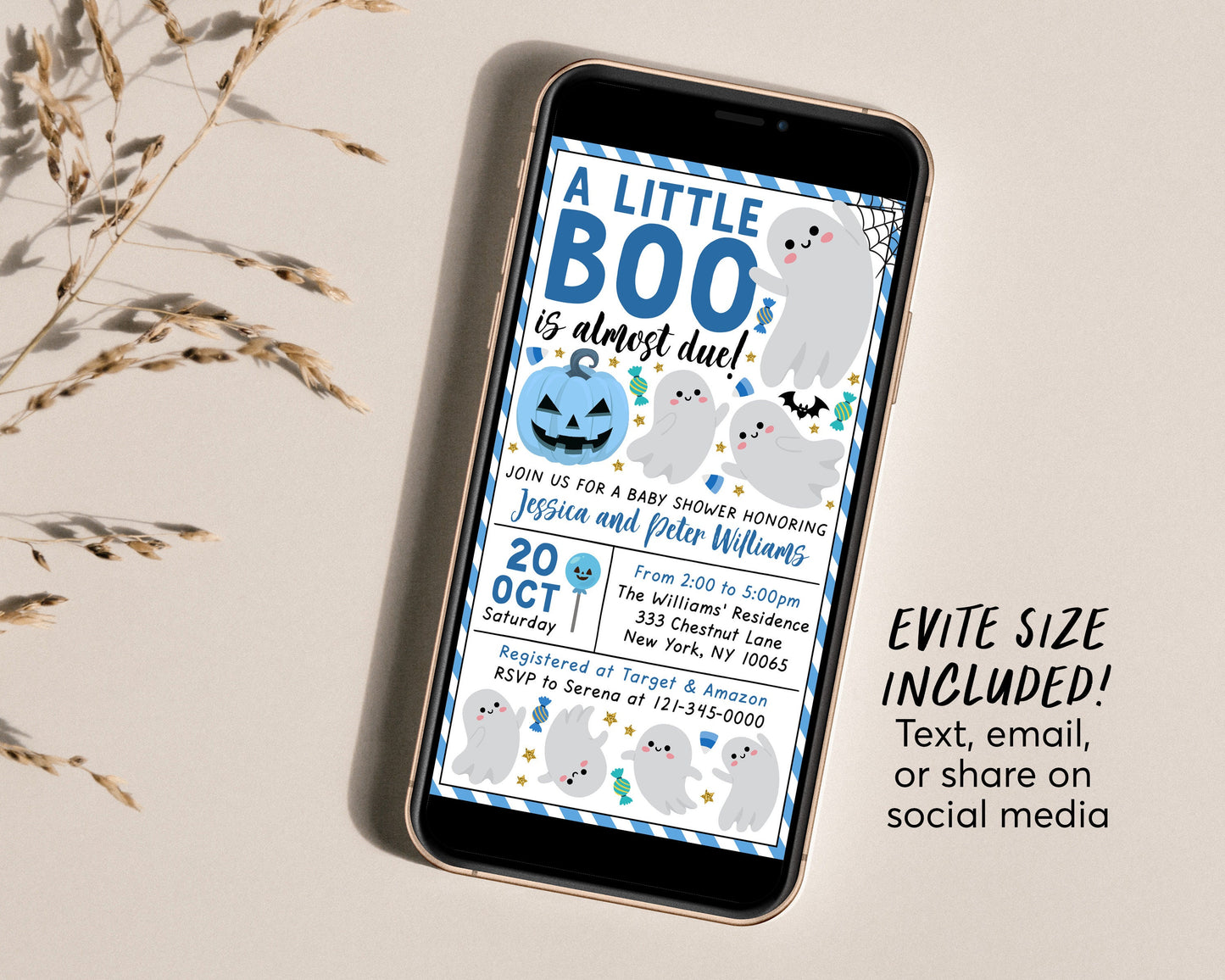 A Little Boo is Almost Due Baby Shower Invitation BUNDLE Suite Editable Template, Boy Halloween Invite Book Request Diaper Raffle Thank You