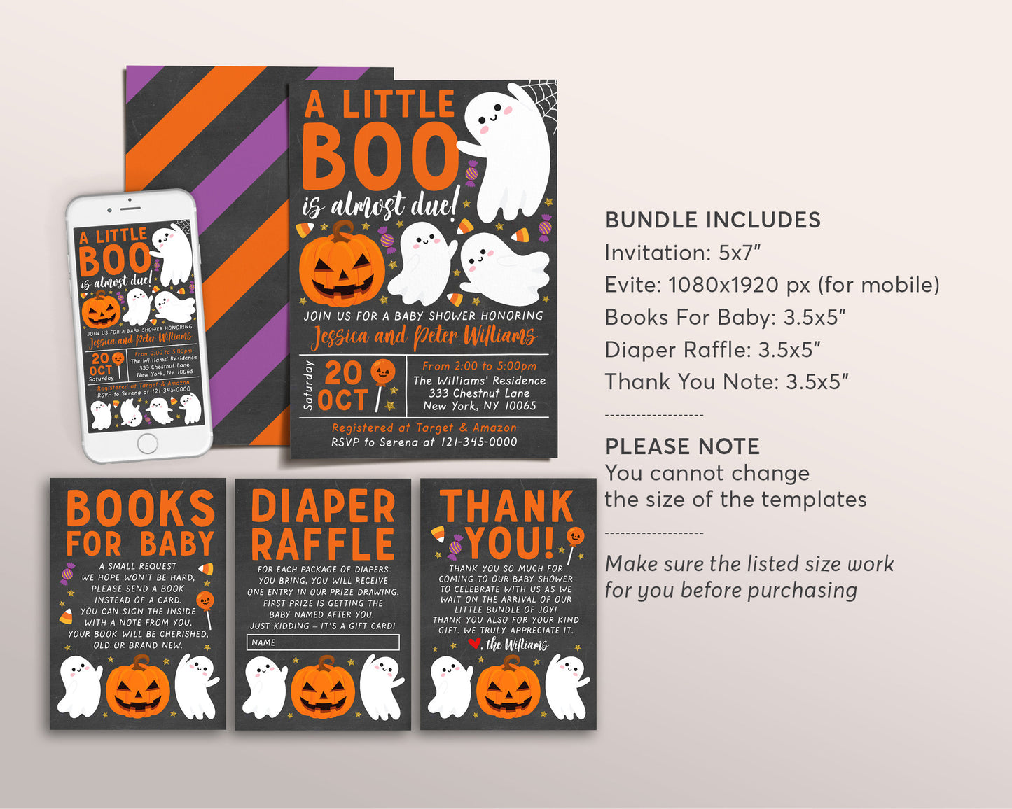 A Little Boo is Almost Due Baby Shower Invitation BUNDLE Suite Editable Template, Chalkboard Halloween Invite Book Request Diaper Raffle