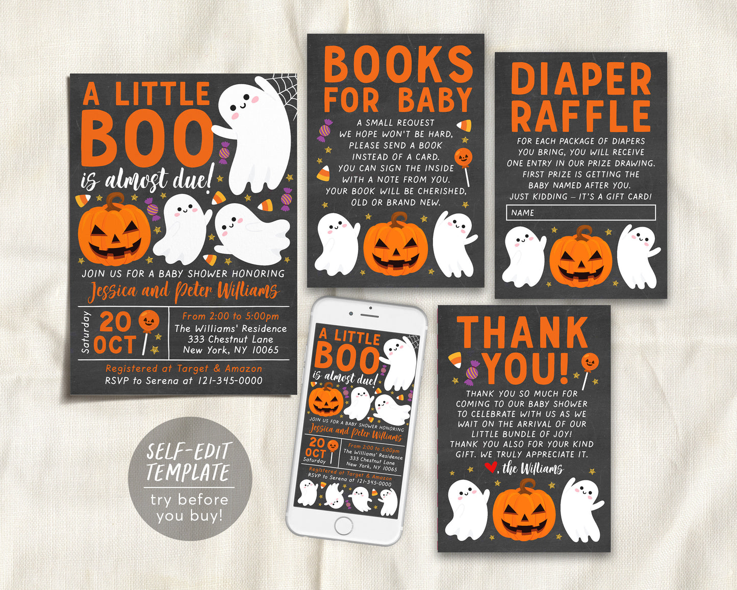 A Little Boo is Almost Due Baby Shower Invitation BUNDLE Suite Editable Template, Chalkboard Halloween Invite Book Request Diaper Raffle