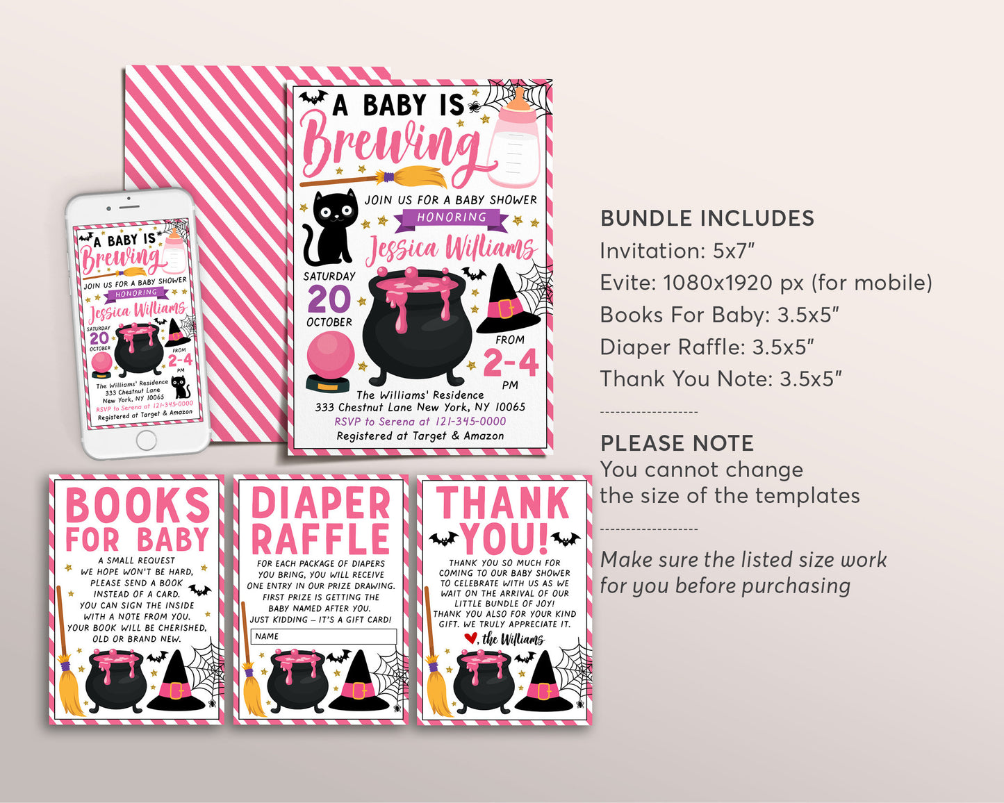 A Baby is Brewing Baby Shower Invitation Girl BUNDLE Suite Editable Template, Witch Halloween Invite Book Request Diaper Raffle Thank You