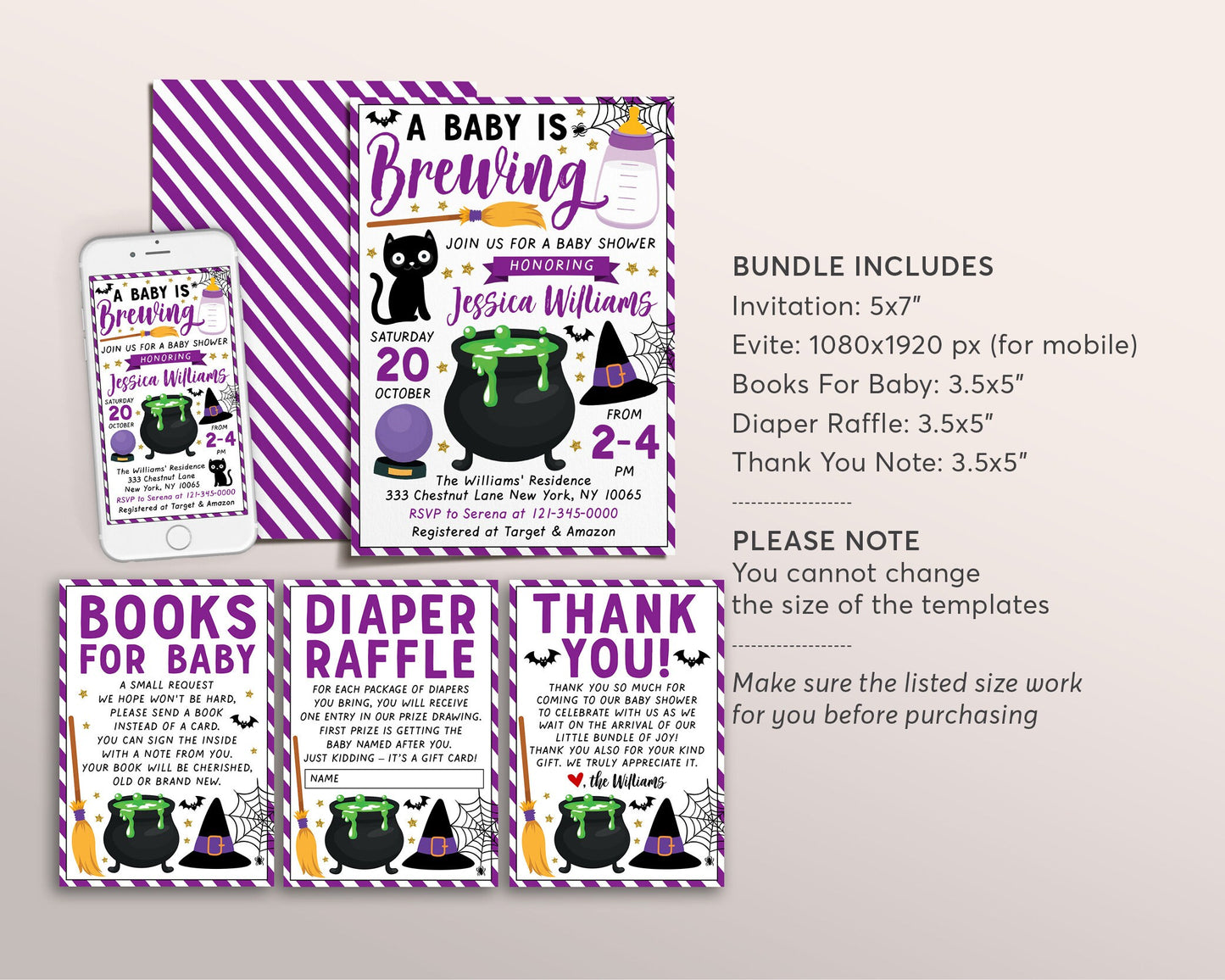 A Baby is Brewing Baby Shower Invitation Girl BUNDLE Suite Editable Template, Witch Halloween Invite Book Request Diaper Raffle Thank You