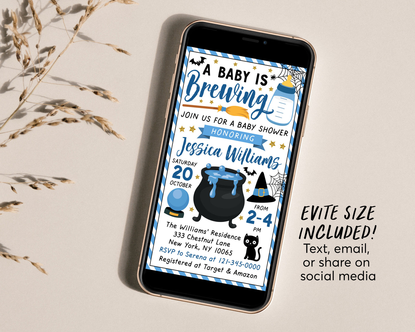 A Baby is Brewing Baby Shower Invitation Boy BUNDLE Suite Editable Template, Witch Halloween Invite Book Request Diaper Raffle Thank You
