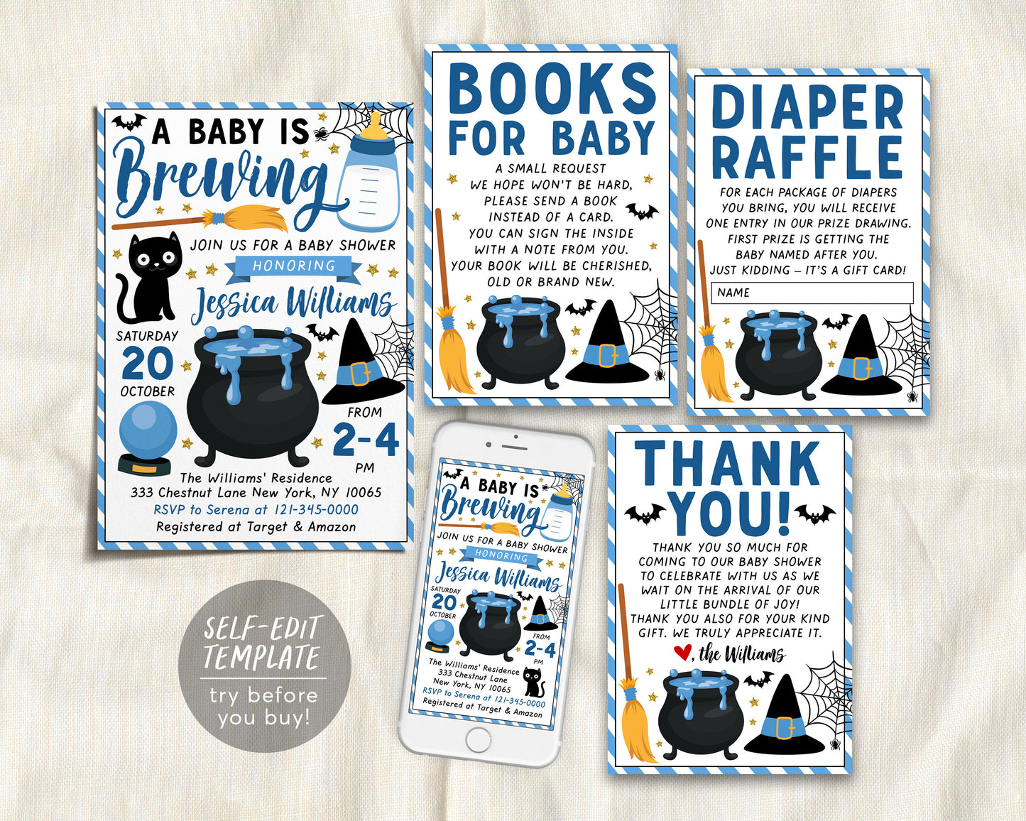 A Baby is Brewing Baby Shower Invitation Boy BUNDLE Suite Editable Template, Witch Halloween Invite Book Request Diaper Raffle Thank You