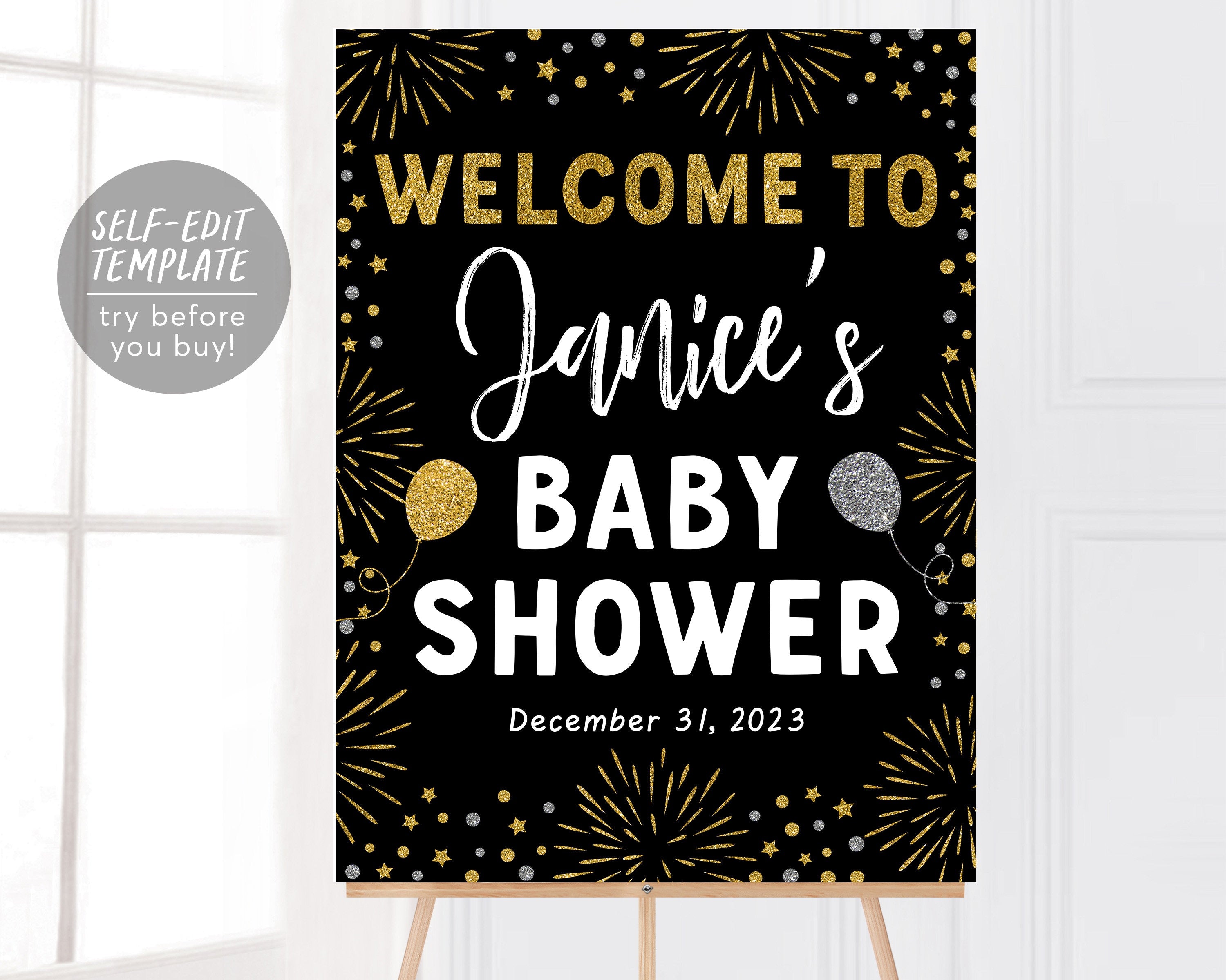 Welcome To Our Baby Shower Black and Metallic Gold Baby Shower Signs 