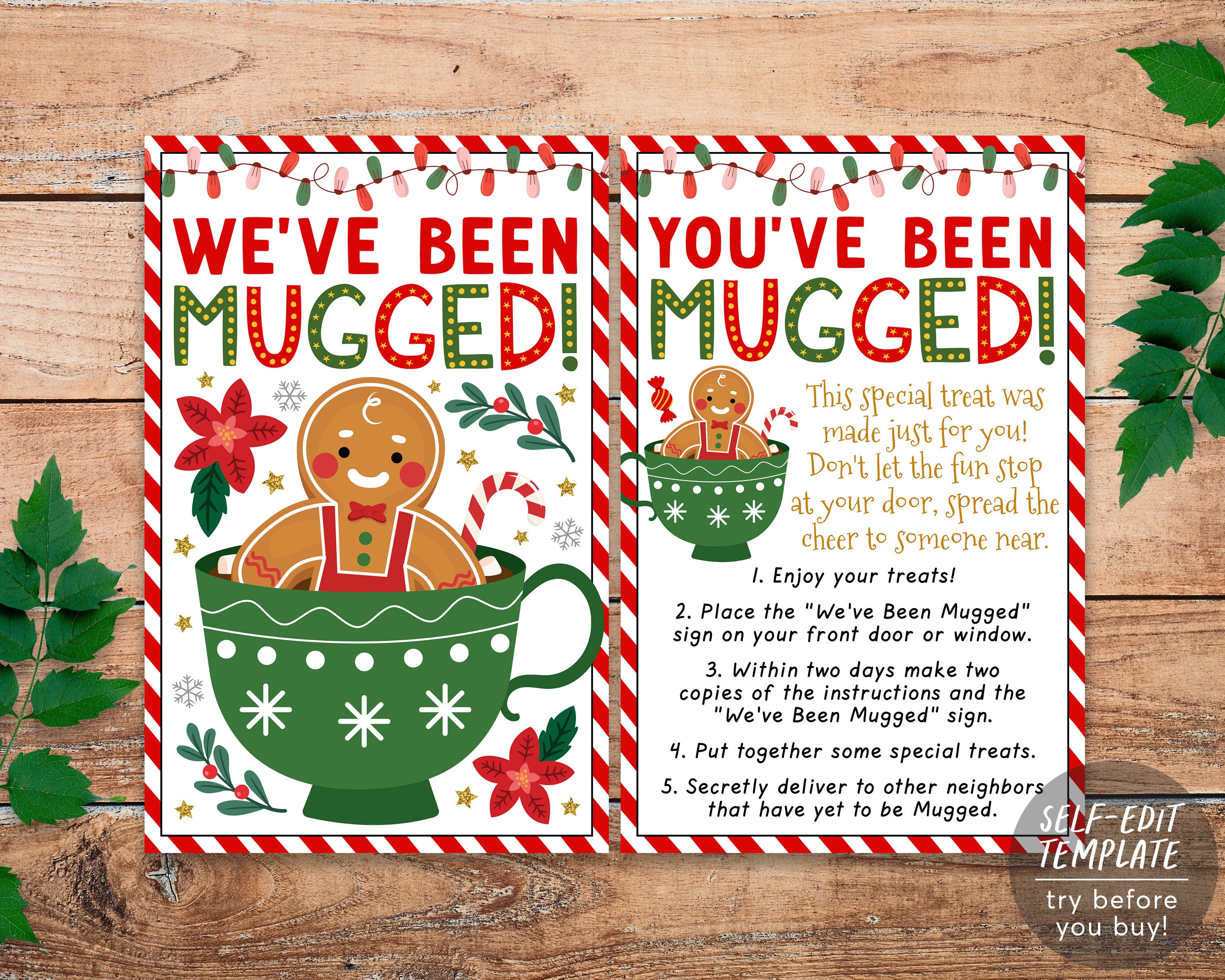 we've been mugged christmas game editable template, you've been mugged holiday winter sign instructions, gifts for neighbors printable diy