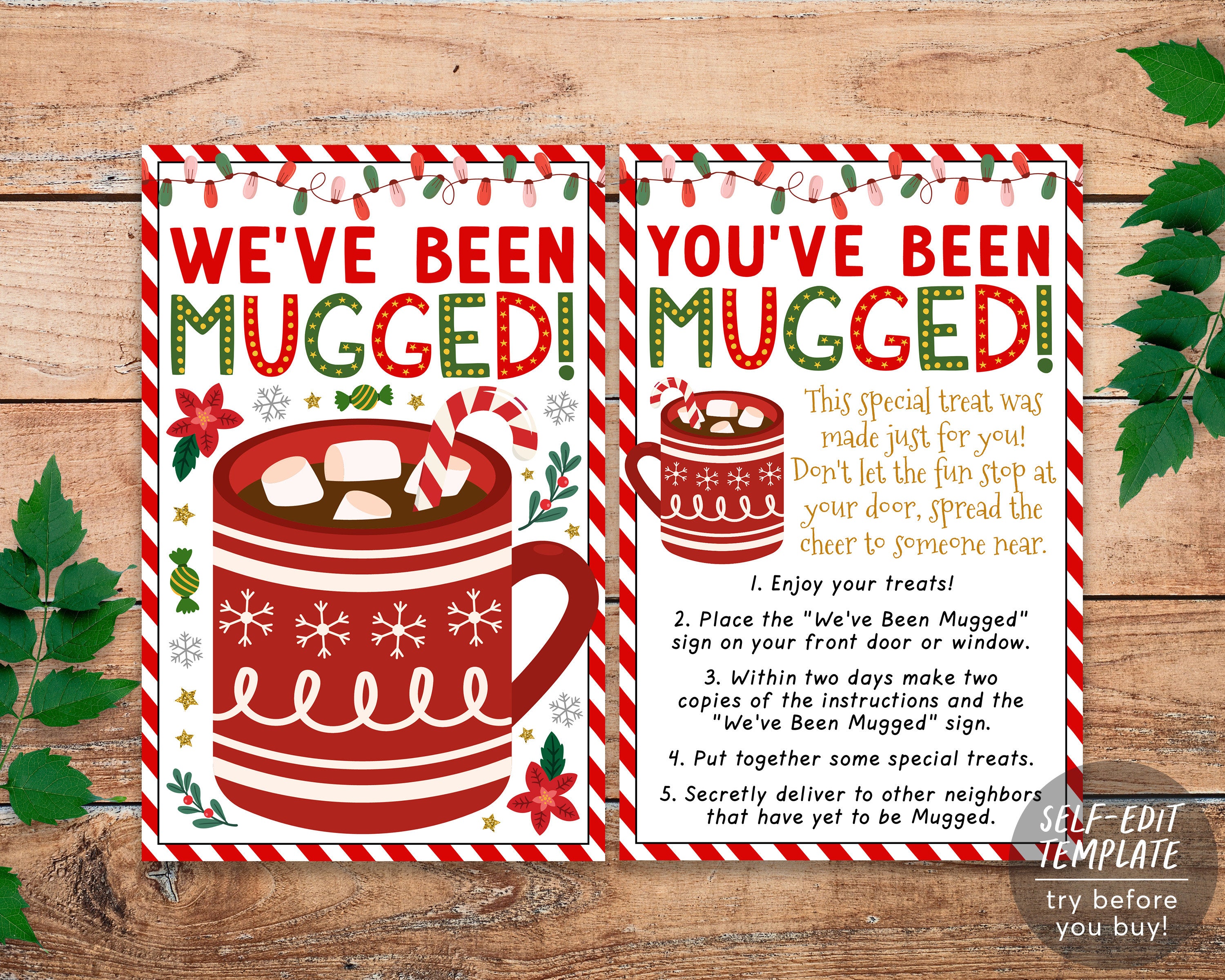 we've been mugged christmas game editable template, you've been mugged holiday winter sign instructions, gifts for neighbors printable diy