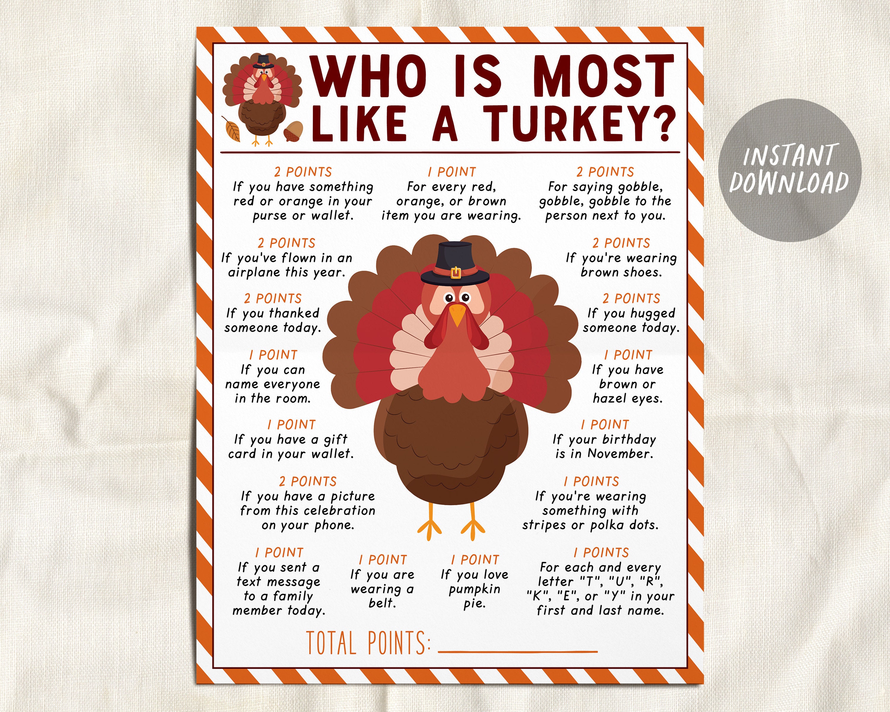 thanksgiving game who is most like the turkey printable, fall thanksgiving office party icebreaker group game activity for kids and adults