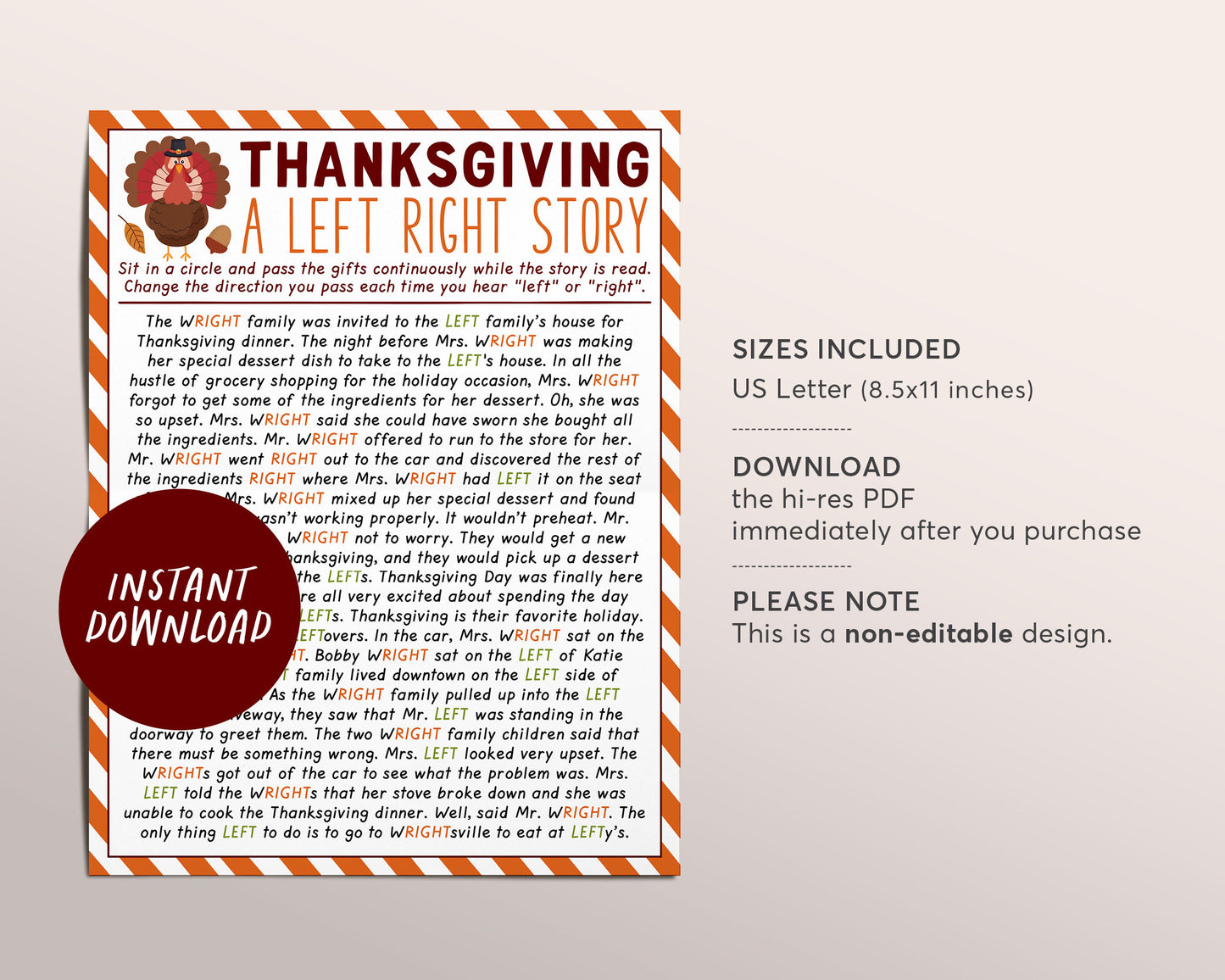 Thanksgiving Left Right Game, Left Right Story Pass the Gift Exchange Game, Fall Thanksgiving Office Party Icebreaker for Kids And Adults